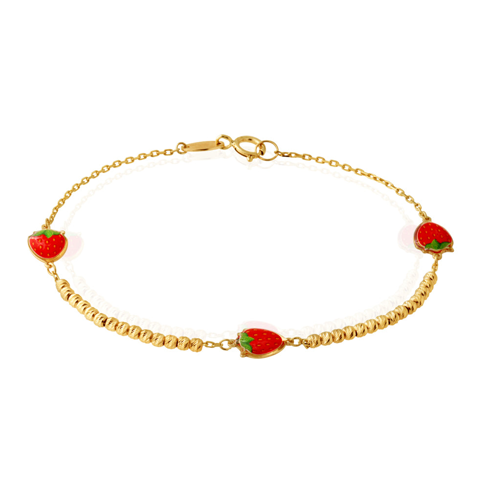 9ct Yellow Gold 16cm Charm Bracelet with 3 Red Strawberry Charms - Perfect for Women's Fashion, Gift Giving & Everyday Wear