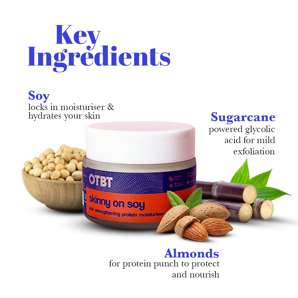 OTBT Skinny On Soy Skin Strengthening Protein Moisturizer - Hormone Safe Face Cream with Glycolic Acid, Shea Butter & Hyaluronic Acid | Enriched with Vitamins A, B, C & K | For Sensitive & Healthy Skin | 50g | Perfect for Daily Hydration & Anti-Aging Skincare Routine