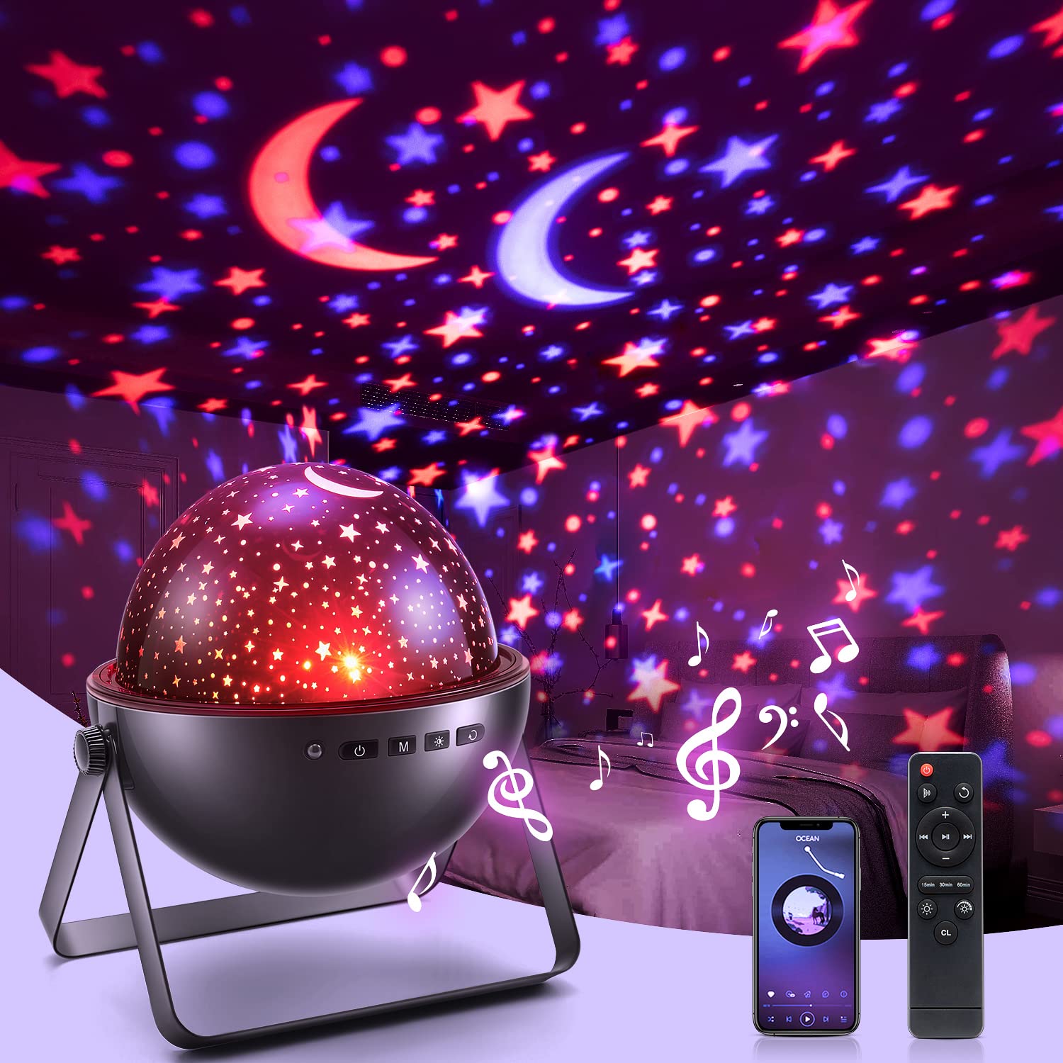 Bluetooth Star Projector Night Light for Kids - 360° Rotating with 12 Colors, Remote Control & Timer | Perfect for Bedrooms, Nurseries, and Relaxation