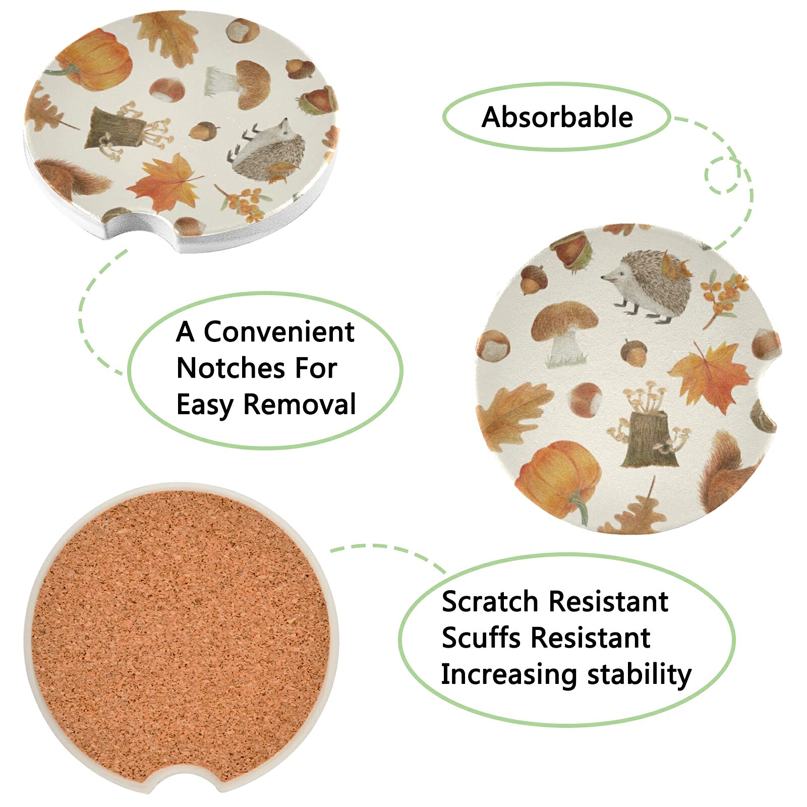 Hedgehog & Squirrel Autumn Leaf Ceramic Car Coasters (2 Pack) - Absorbent Drink Cup Holder Coasters for Men & Women - Cute Car Accessories (2.56in) - Perfect for Coffee, Tea & Beverages in Vehicles
