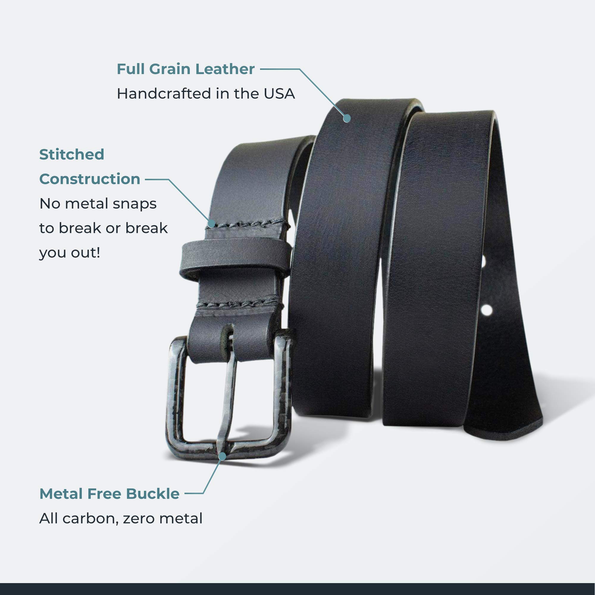 Premium USA-Made Full Grain Leather Belt with Carbon Fiber Buckle - Nickel Free, TSA Friendly - Perfect for Business, Travel & Everyday Wear