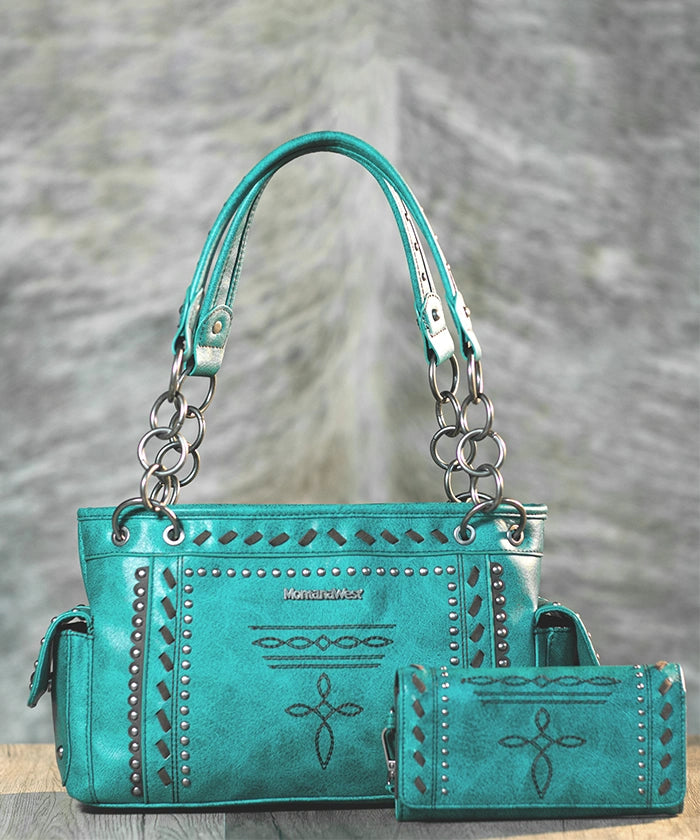 Montana West Whipstitch Studs Concealed Carry Satchel Purse - Stylish Women's Leather Crossbody Bag for Everyday Use, Travel & Work