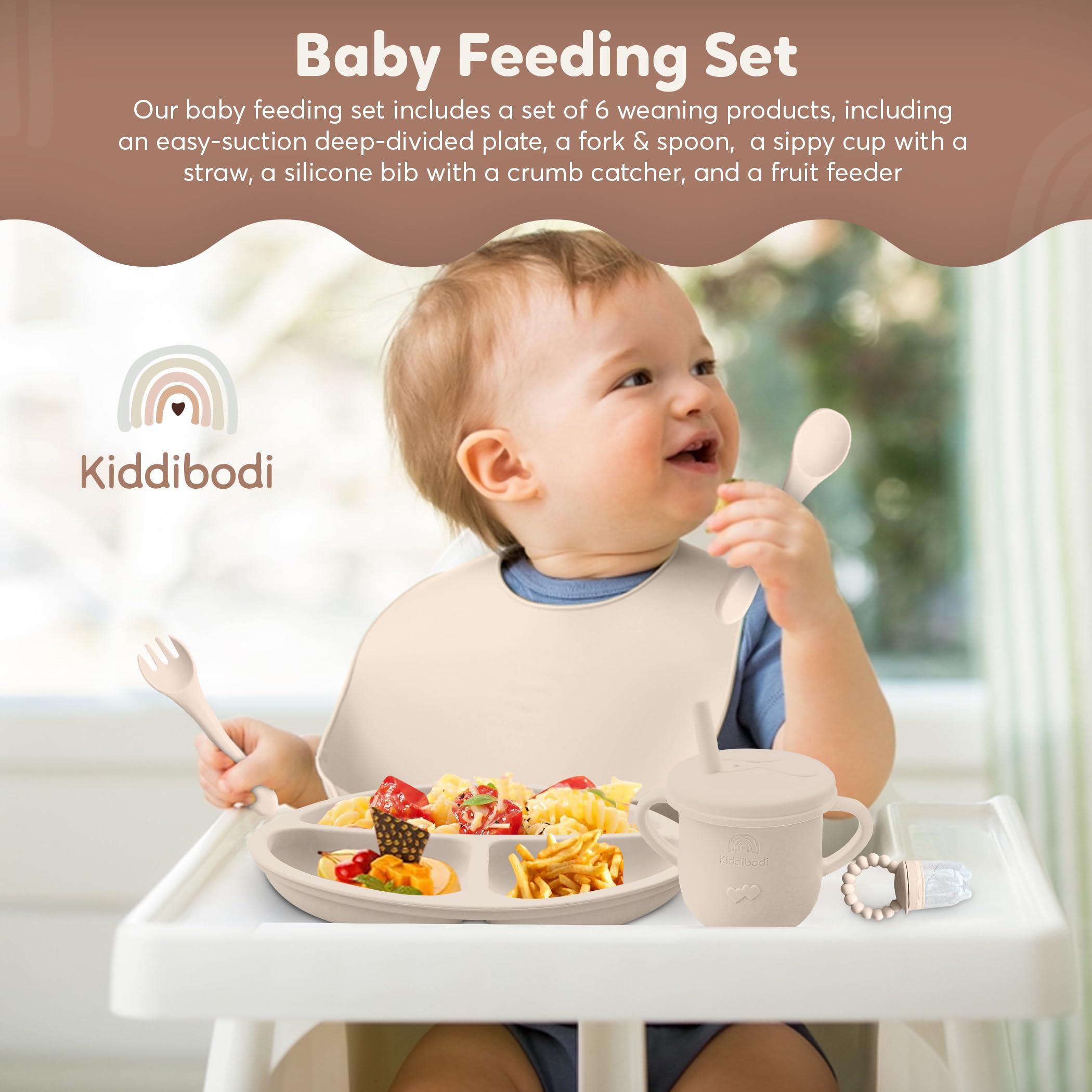 Kiddibodi® Baby Shower Gift Basket Set for Newborns - Gender Neutral Silicone Feeding Essentials with Suction Plate, Bib, Spoon, Sippy Cup & Pacifier Feeder in Natural Rope Basket - Perfect New Mom Gift for Birthdays, Showers and First Feedings