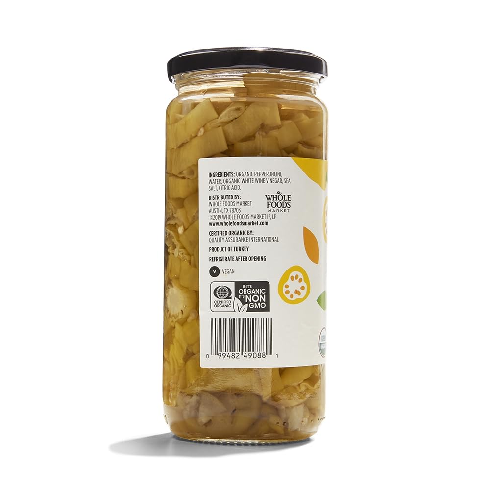 Organic Sliced Golden Pepperoncini Peppers by 365 Whole Foods Market, 15.5 oz (439g) - Perfect for Salads, Sandwiches, Pizza & Mediterranean Dishes | Great for Charcuterie Boards, Antipasto, Gourmet Cooking & Meal Prep | Ideal for Parties, Picnics, Healthy Snacks & Gifts | Non-GMO, Gluten-Free, Vegan-Friendly | Farm-Fresh Flavor for Home Chefs & Food Lovers