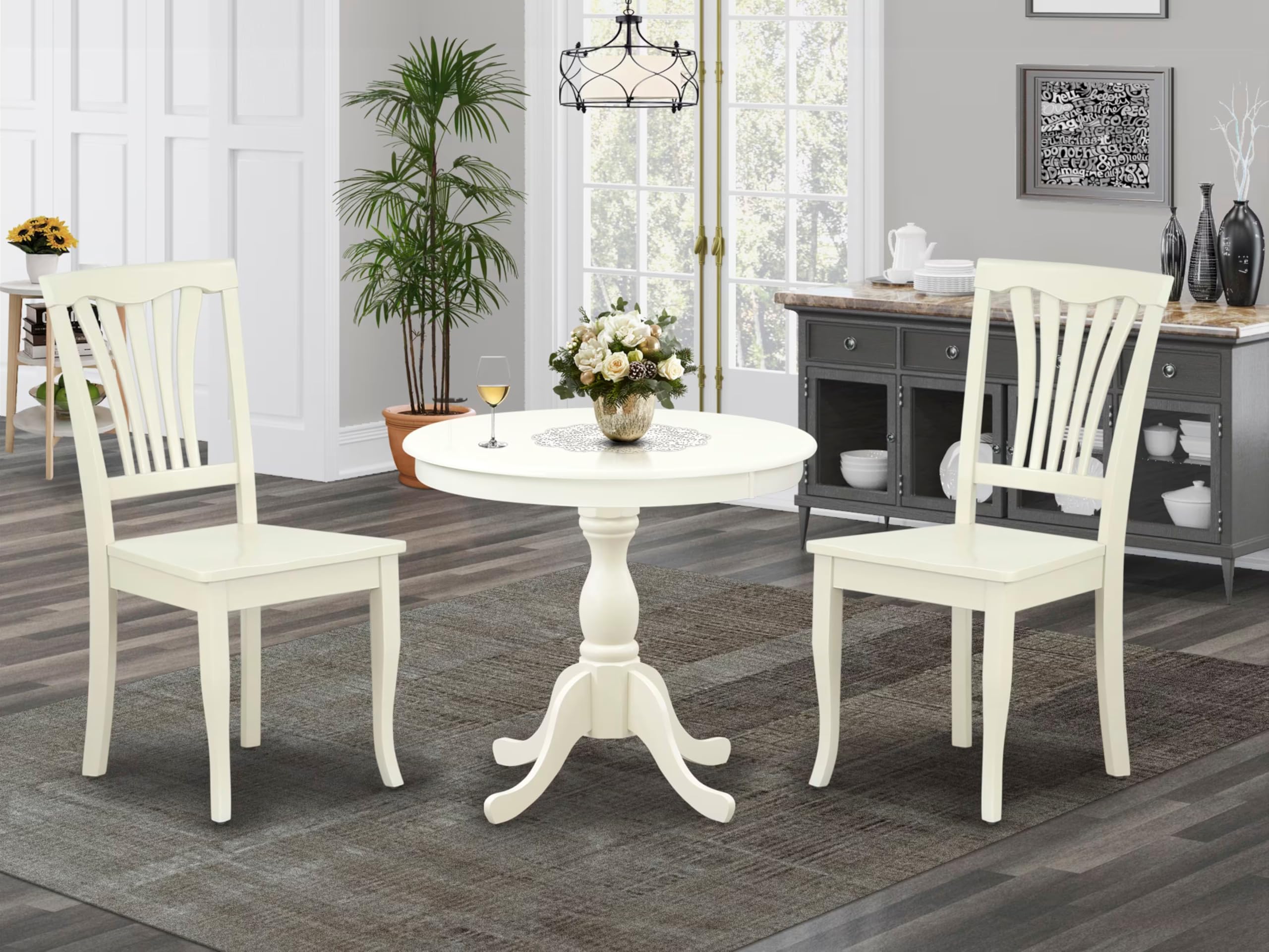 East West Furniture AMAV3-LWH-W 3-Piece Modern Dining Table Set - 36x36 Inch Round Kitchen Table with Pedestal Base & 2 Matching Chairs, Linen White - Perfect for Small Spaces, Breakfast Nooks & Cozy Apartments