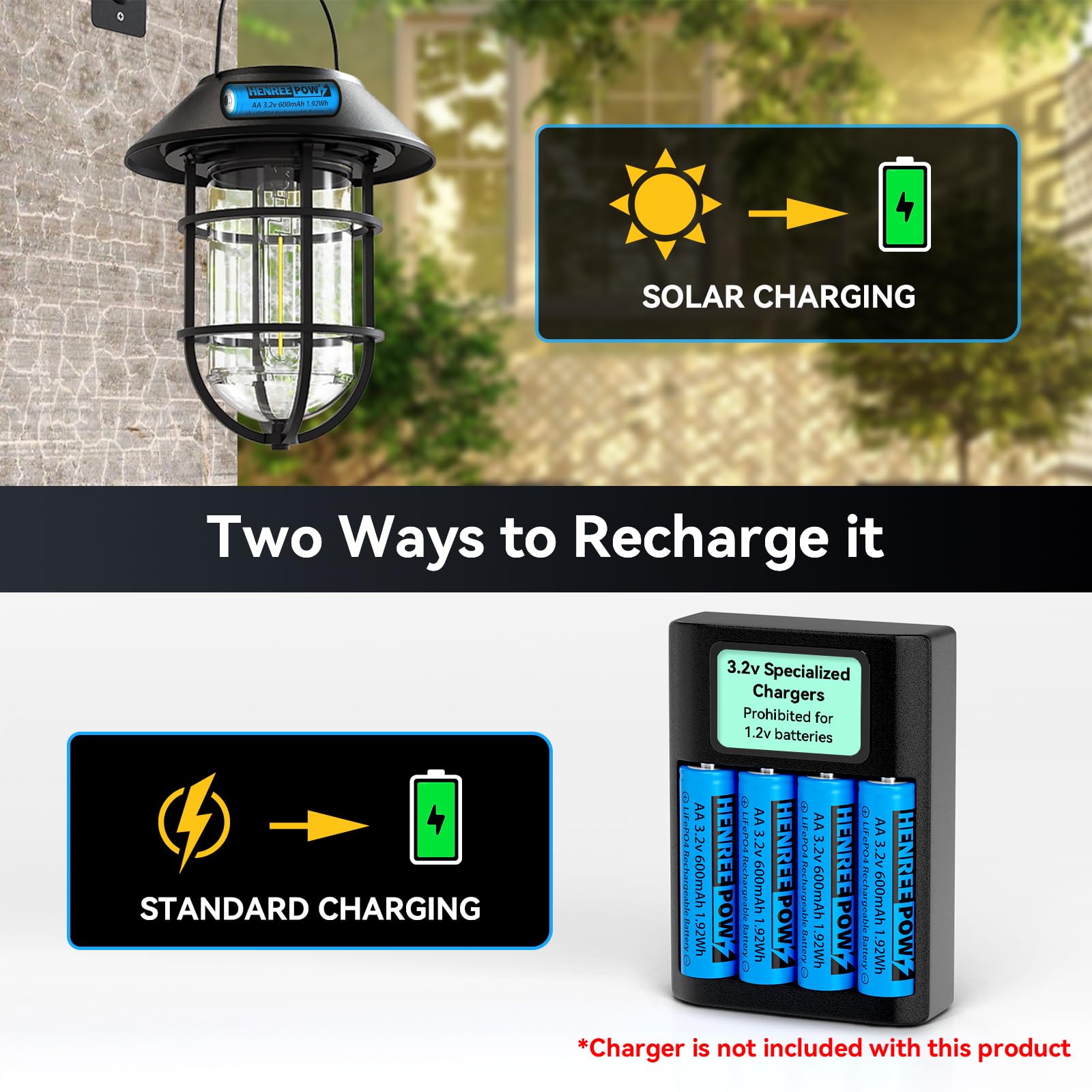 Henreepow 3.2V 600mAh AA LiFePO4 Rechargeable Batteries - 4 Pack, Low Self-Discharge, Long Lasting Power for Solar Lights, Wall Lanterns, Garden Post Lights - Perfect for Outdoor Solar Lighting and Emergency Power Backup