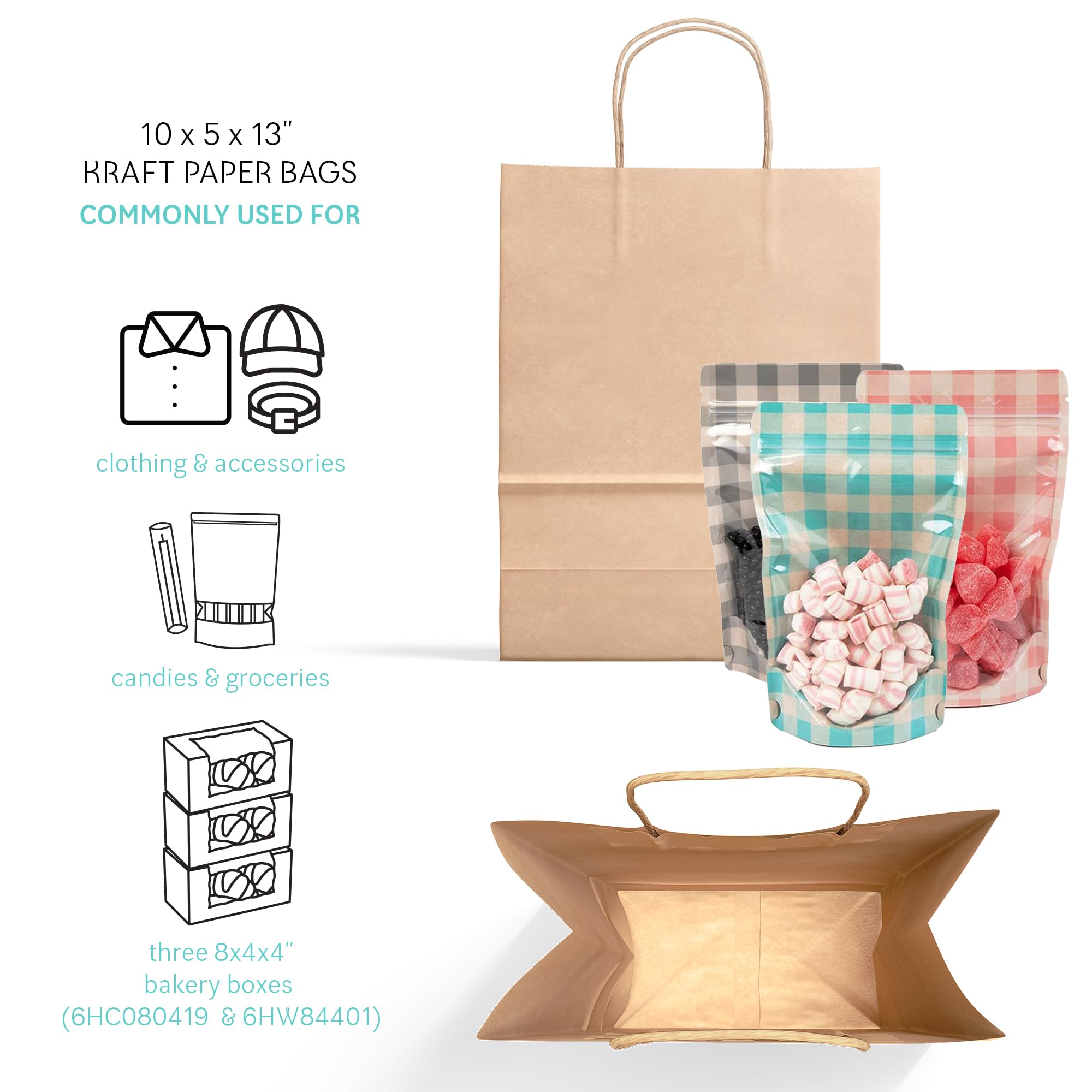 250 Pcs Brown Kraft Paper Bags with Handles - 10