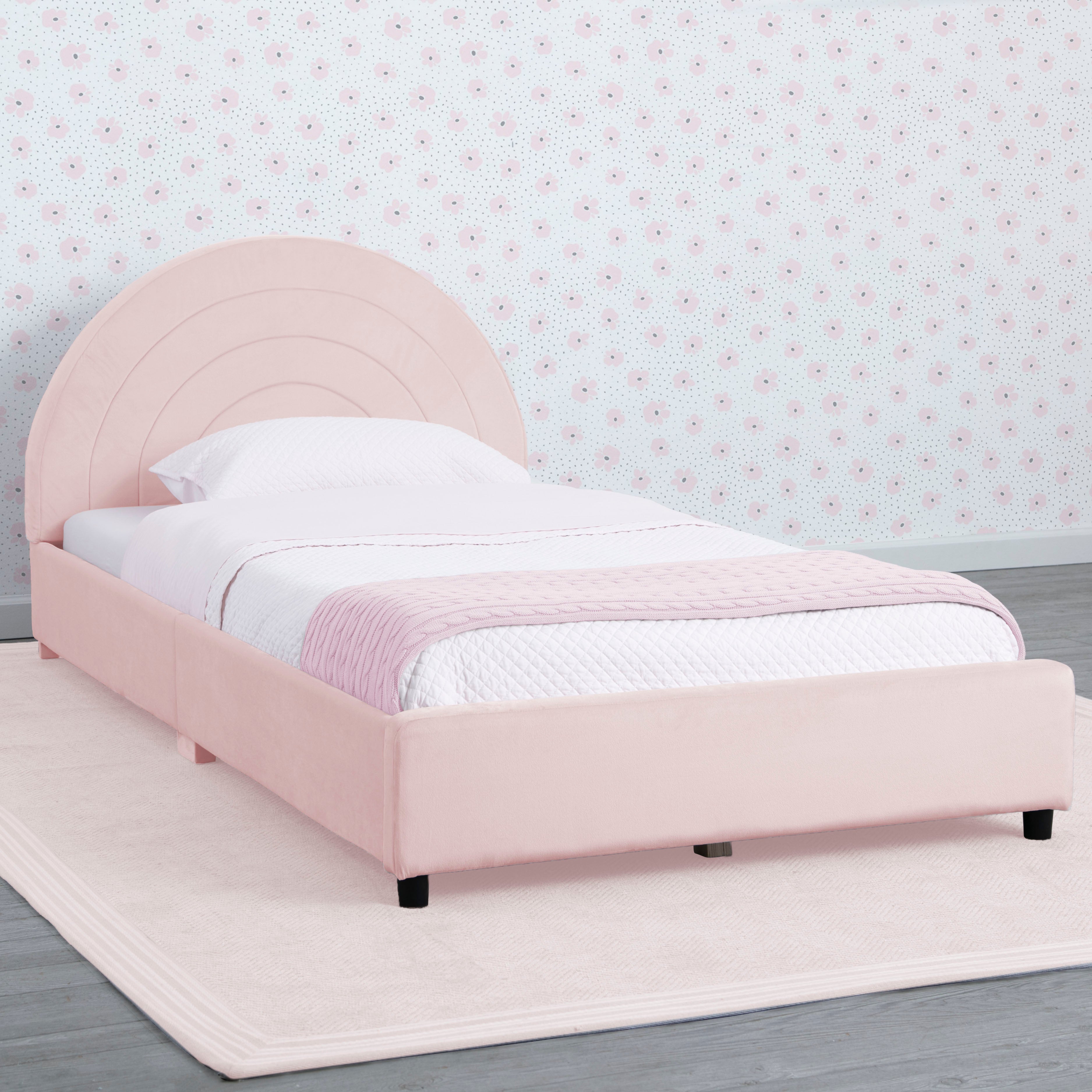 Upholstered Twin Bed with Round Headboard - Soft Fabric Frame for Kids & Teens - Perfect for Bedrooms, Dorms & Guest Rooms
