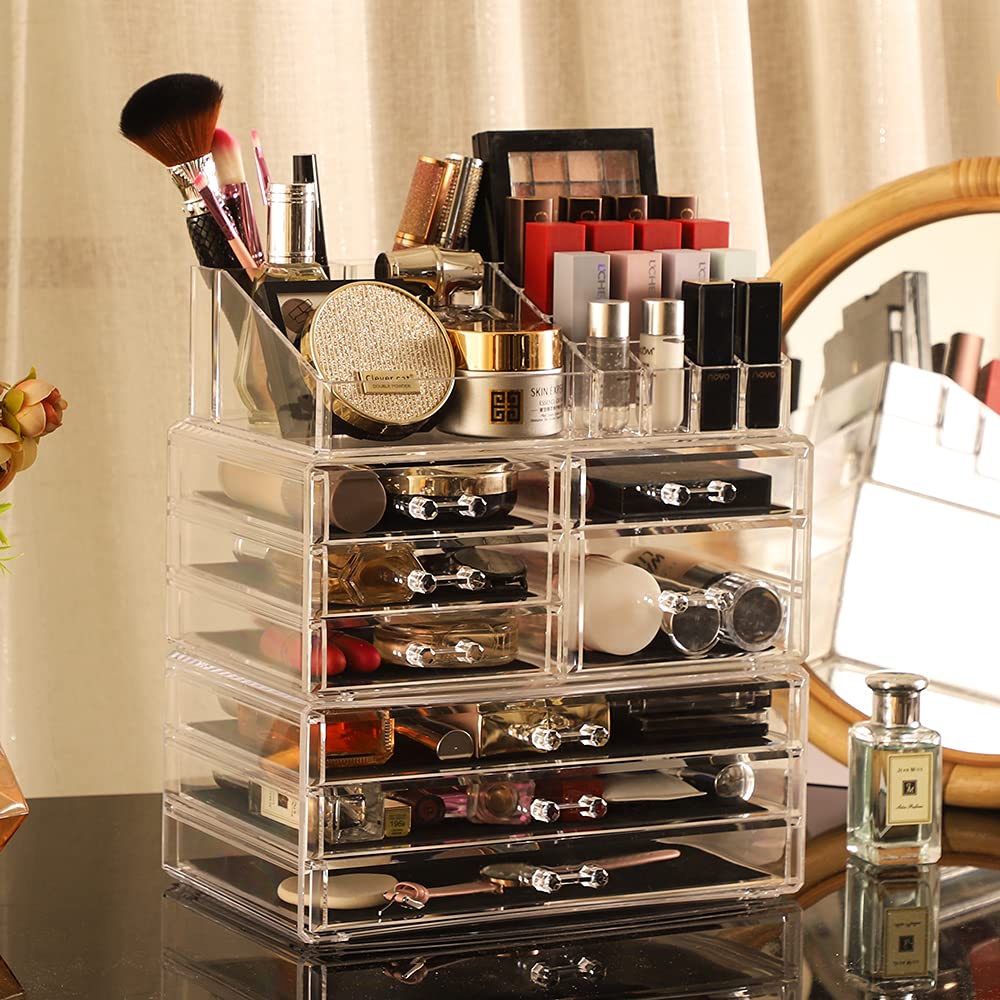 3-Pack Clear Acrylic Makeup Organizers - Stackable 8-Drawer Vanity Organizer for Jewelry, Beauty & Skincare Products | Perfect for Bedroom, Bathroom & Dressing Table Organization