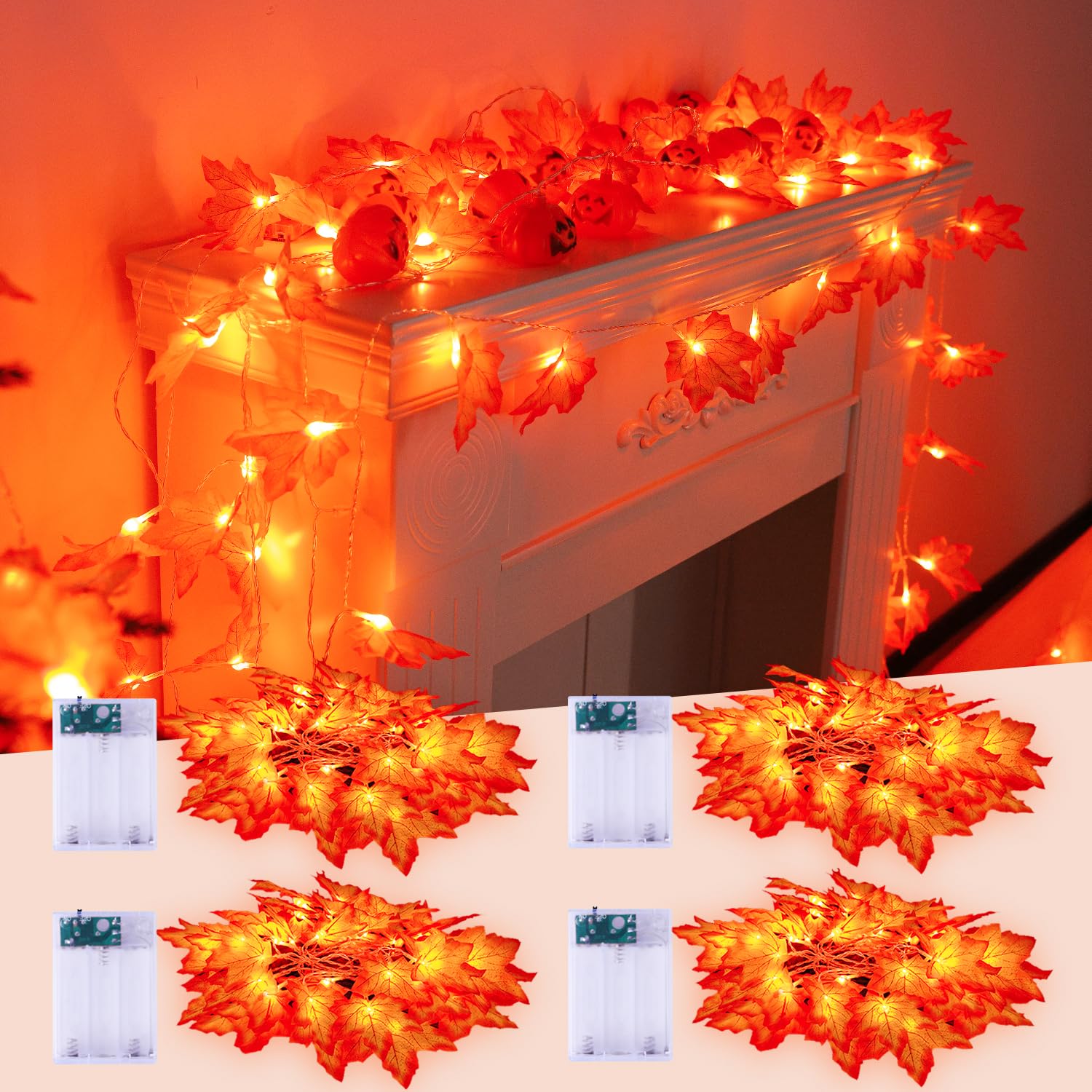 JMEXSUSS 4 Pack 44FT 80 LED Battery Operated Fall String Lights - 8 Lighting Modes, Thanksgiving & Autumn Decor for Bedroom, Home, Indoor - Perfect for Thanksgiving Dinner, Fall Weddings, and Cozy Autumn Nights