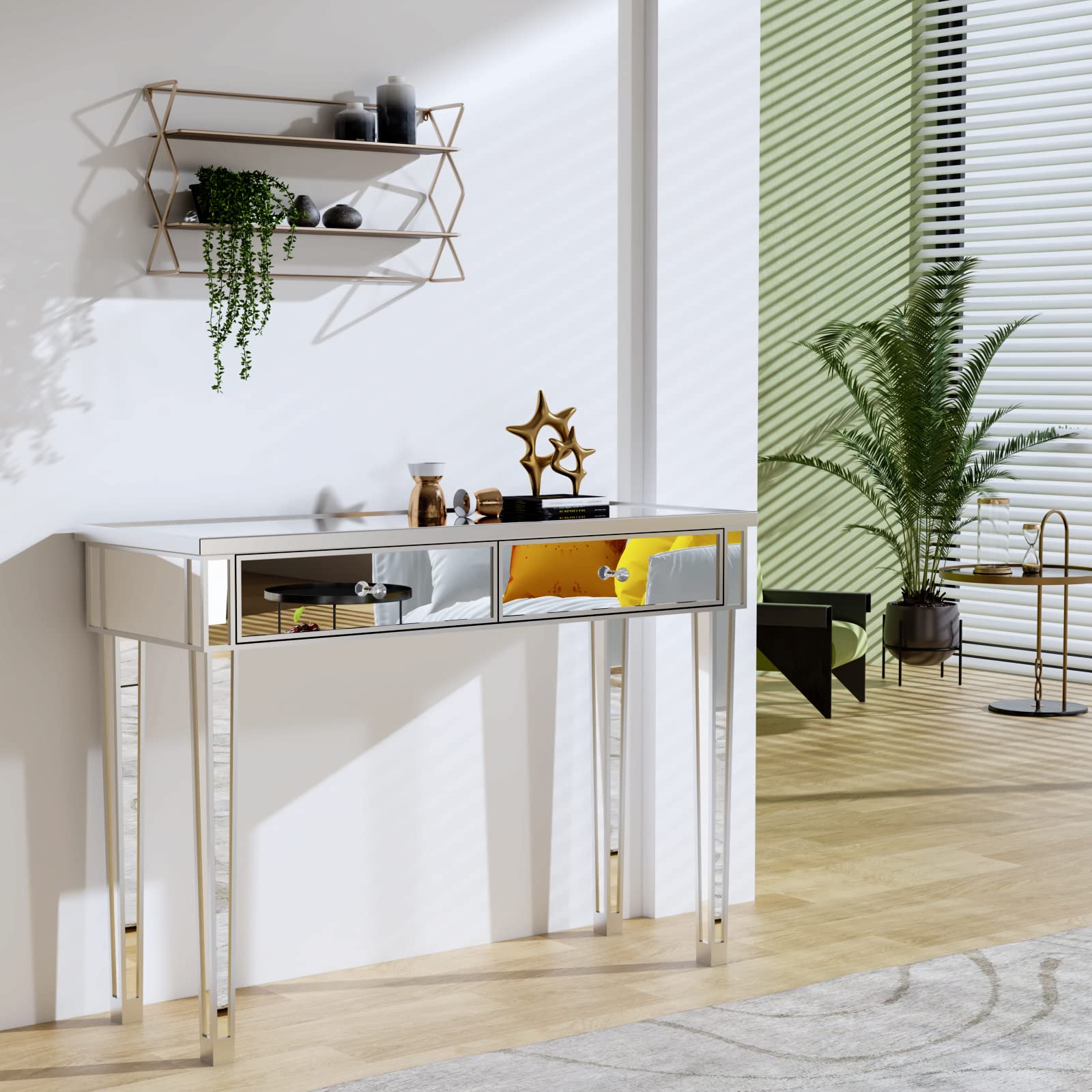 Bonnlo Modern Silver Mirrored Console Table with 2 Drawers - Entryway Hallway Sofa Table, Bedroom Desk & Living Room Furniture for Home Decor | Perfect for Foyers, Bedrooms & Behind Couches