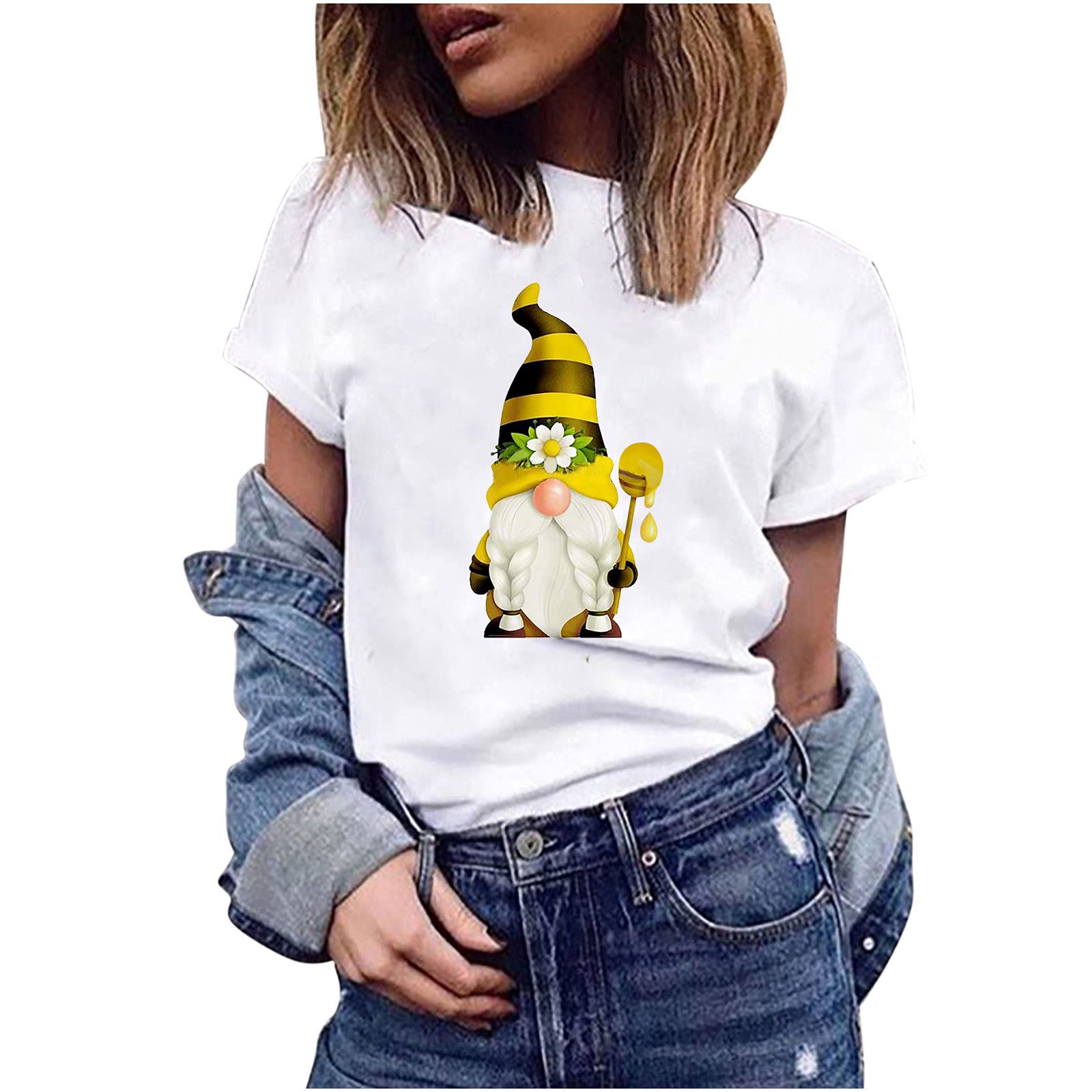 Women's White T-Shirt | Elf Sunflower Graphic Tee | Short Sleeve Casual Top | Harajuku Style Blouse | Perfect for Summer Outfits, Music Festivals & Streetwear Fashion