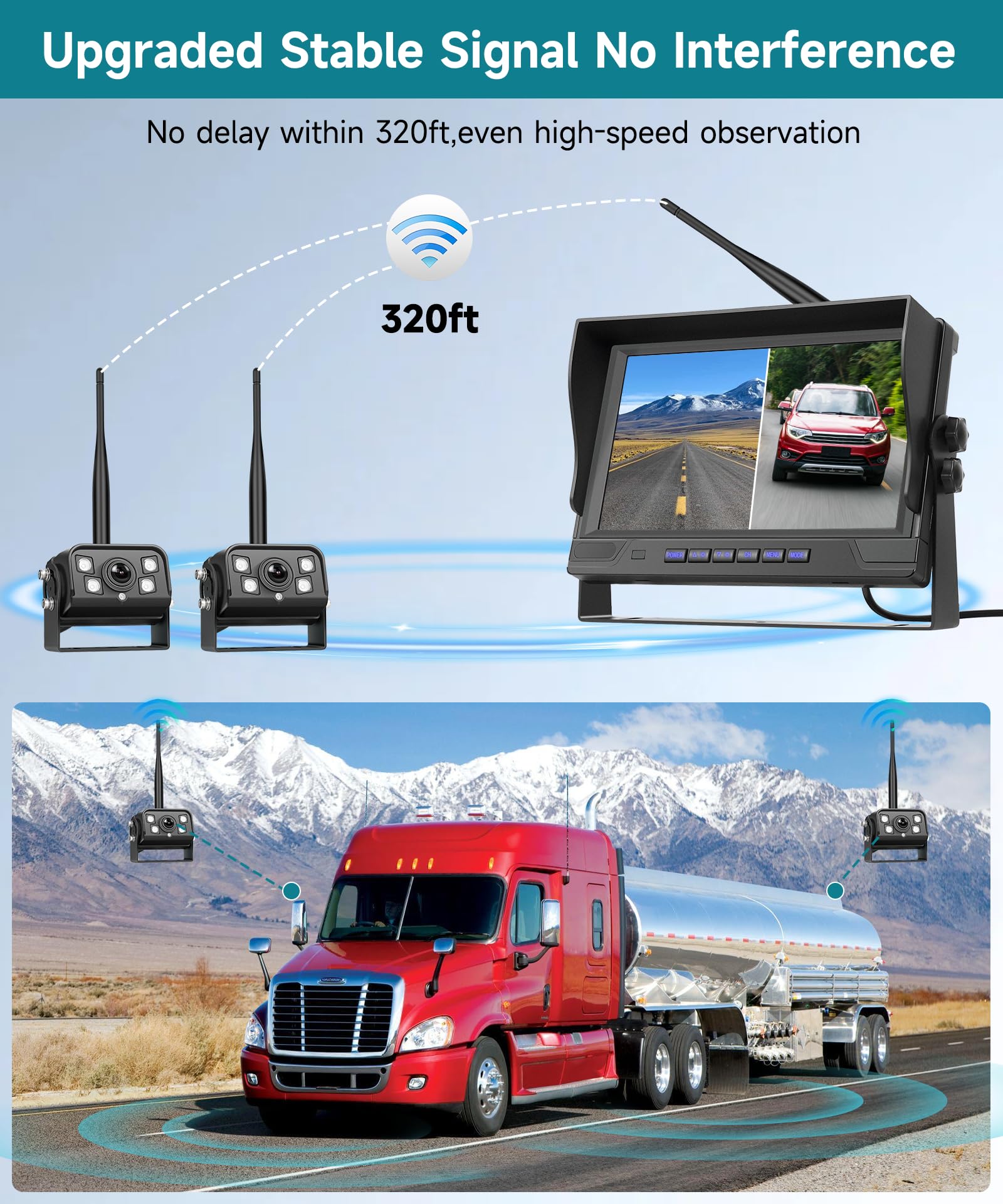 POFOFO 9-Inch AHD Wireless Backup Camera System with Night Vision & Waterproof Design - 2 Split Screen, DVR Dash for RV, Travel Trailer, Truck, Camper, Bus, Van, Pickup - Perfect for Safe Parking, Reversing & Blind Spot Monitoring