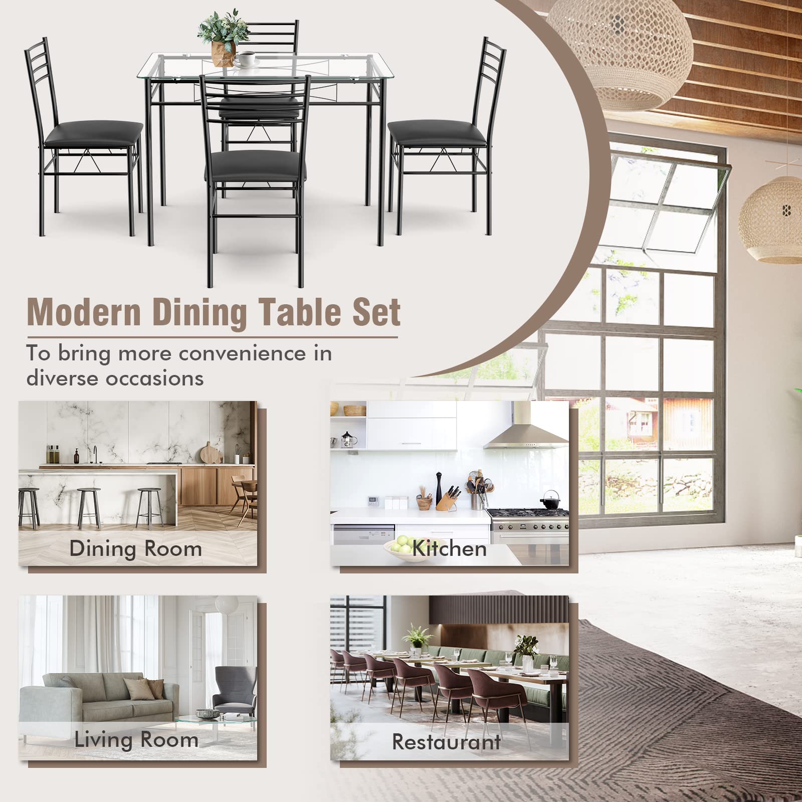 Tangkula 5-Piece Dining Table Set with Tempered Glass Top & 4 Chairs - Modern Kitchen & Dining Room Furniture in Black - Perfect for Small Spaces, Apartments & Family Meals