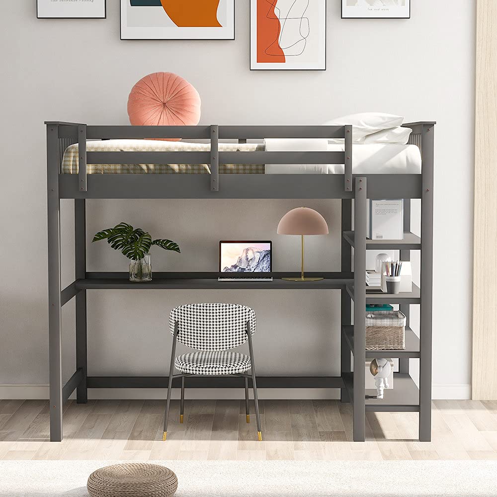 **Wooden Loft Bed with Storage Shelves & Under-Bed Desk - Full-Length Guardrail & Built-in Ladder - Space-Saving Bed for Kids, Teens & Adults (Gray) - Perfect for Small Rooms, Dorms & Apartments**