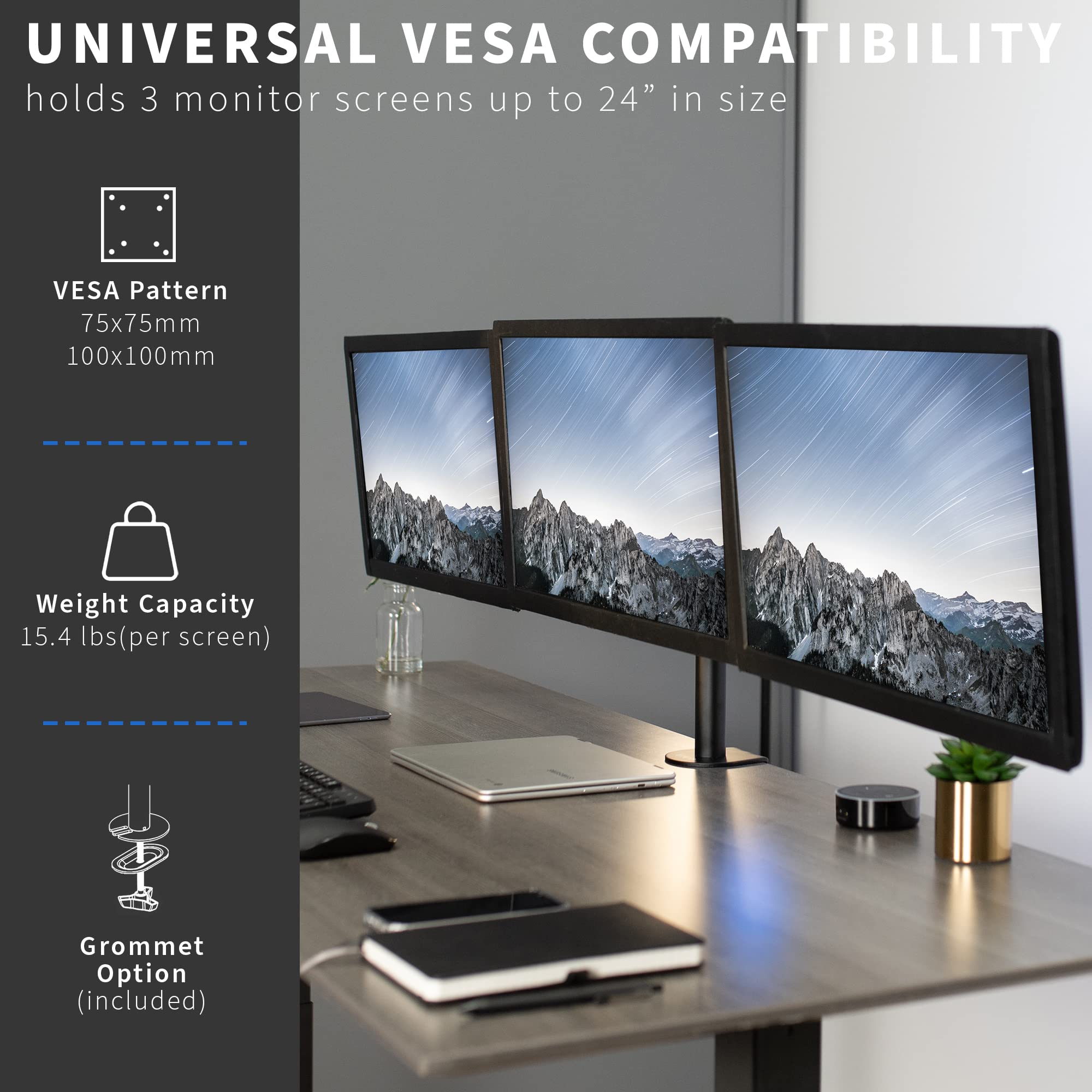 VIVO Triple Monitor Stand for 24 Inch Screens - Adjustable Articulating 3 Screen Desk Mount with Full Motion Tilt, Swivel & Rotation - Heavy Duty Black Monitor Arm STAND-V003Y for Home Office, Gaming & Workspace Setup