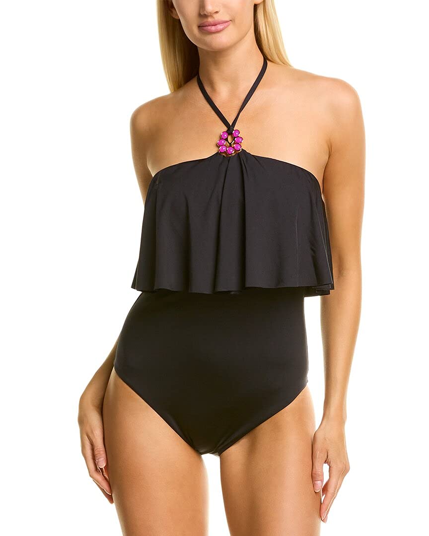 Trina Turk Women's High Neck Halter One Piece Swimsuit - Flutter Sleeve Bathing Suit for Beach, Pool & Vacation | UPF 50+ Sun Protection Swimwear
