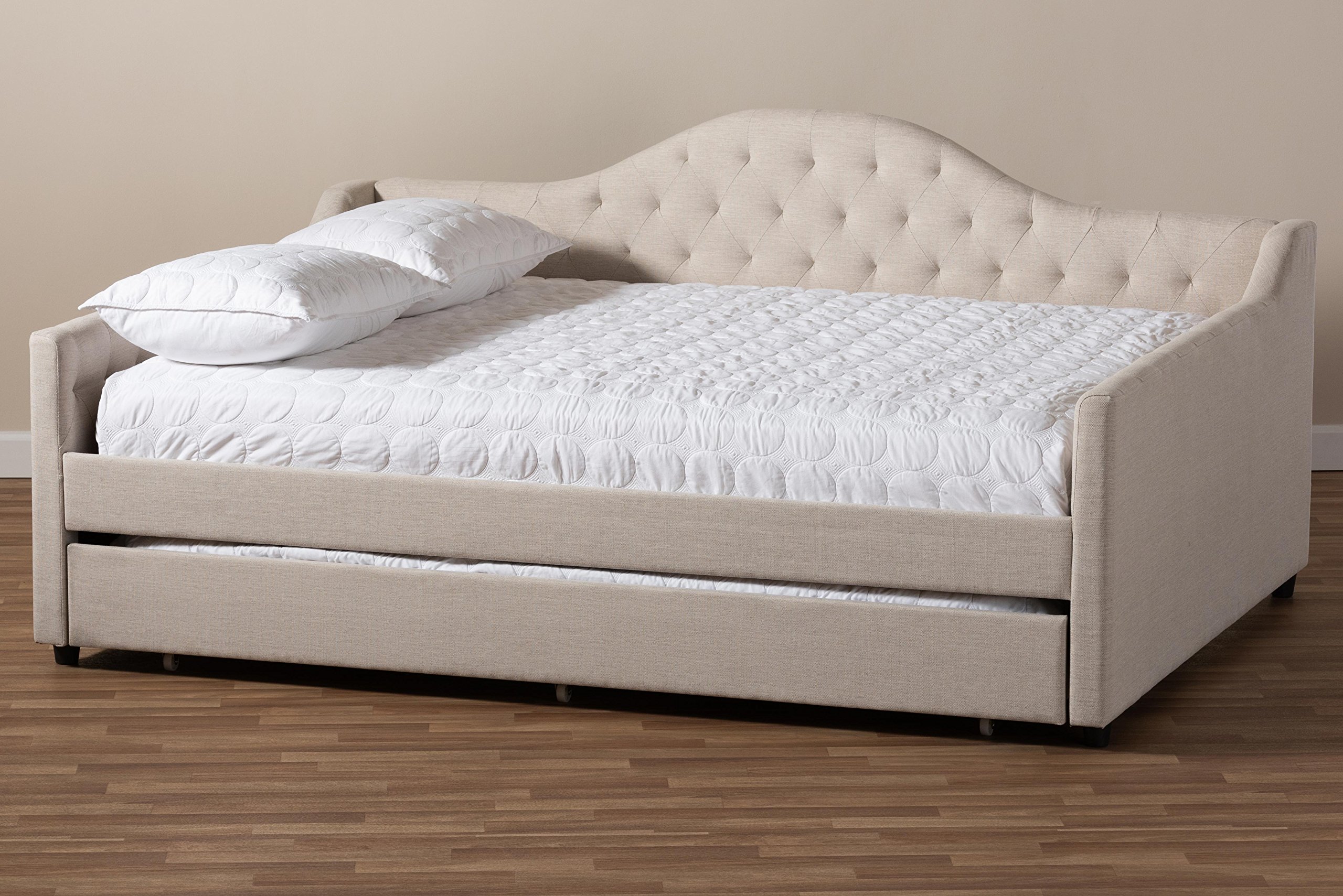 Baxton Studio Delia Daybed with Trundle - Queen Size Light Beige Sofa Bed for Guest Room, Living Room & Small Space Furniture