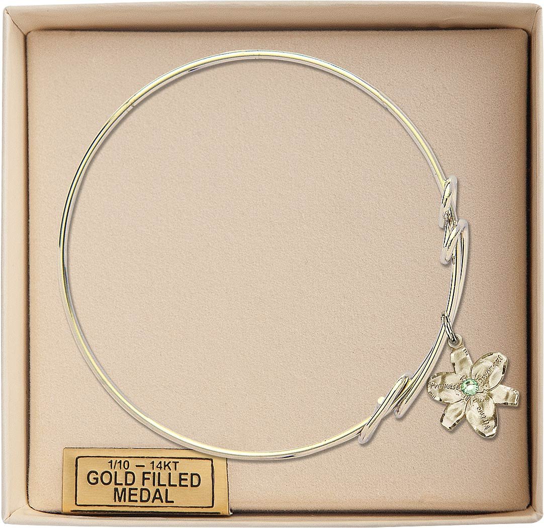 8 1/2 Inch Round Double Loop Bangle Bracelet with Chastity Medal Charm & August Green Crystal - Elegant Jewelry for Women, Perfect for Weddings, Anniversaries and Special Occasions