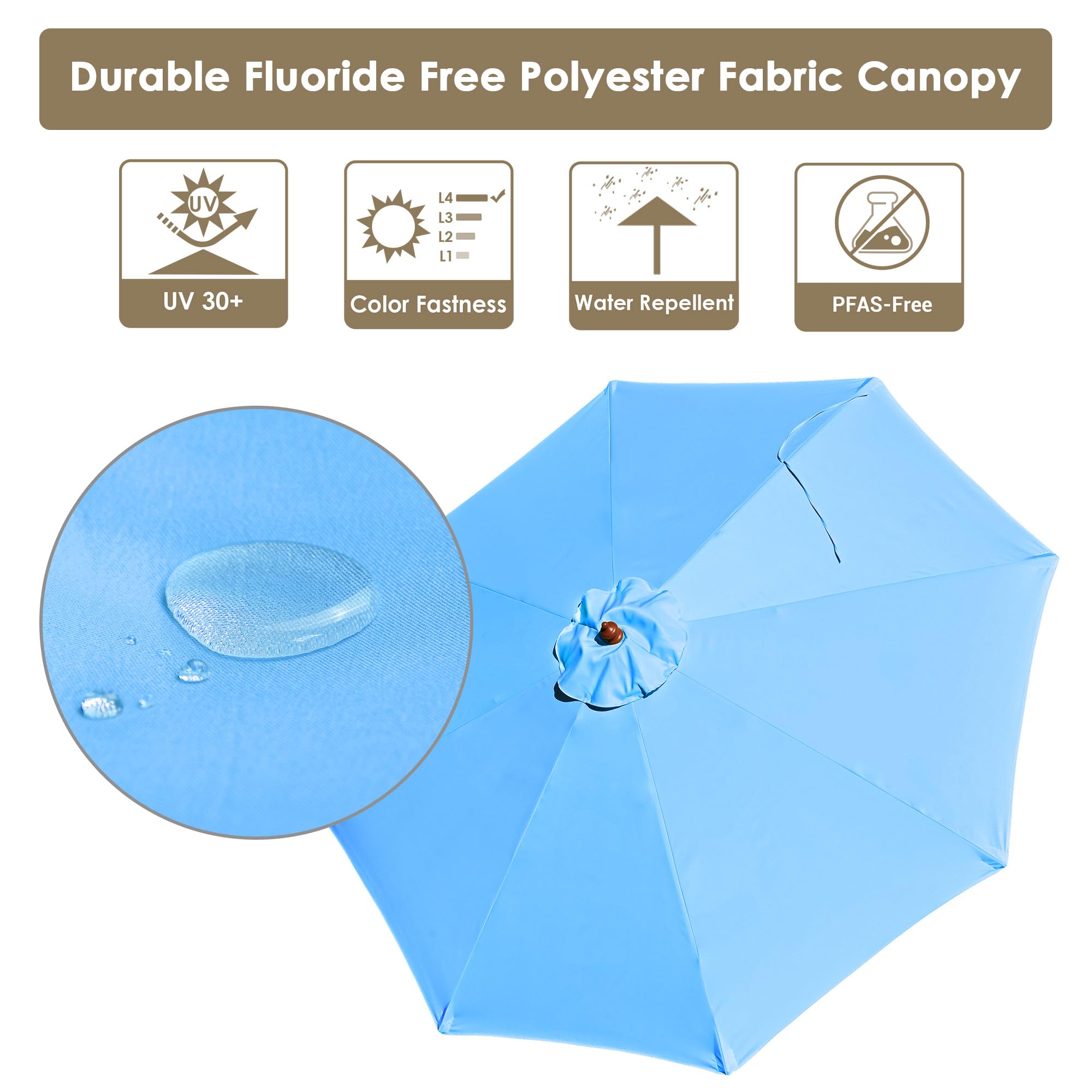 Yescom 9ft Wooden Outdoor Patio Umbrella with Pulley - Blue Market Garden Beach Umbrella for Yard, Deck & Cafe - Perfect for Sunshade, Poolside Lounging and Outdoor Dining