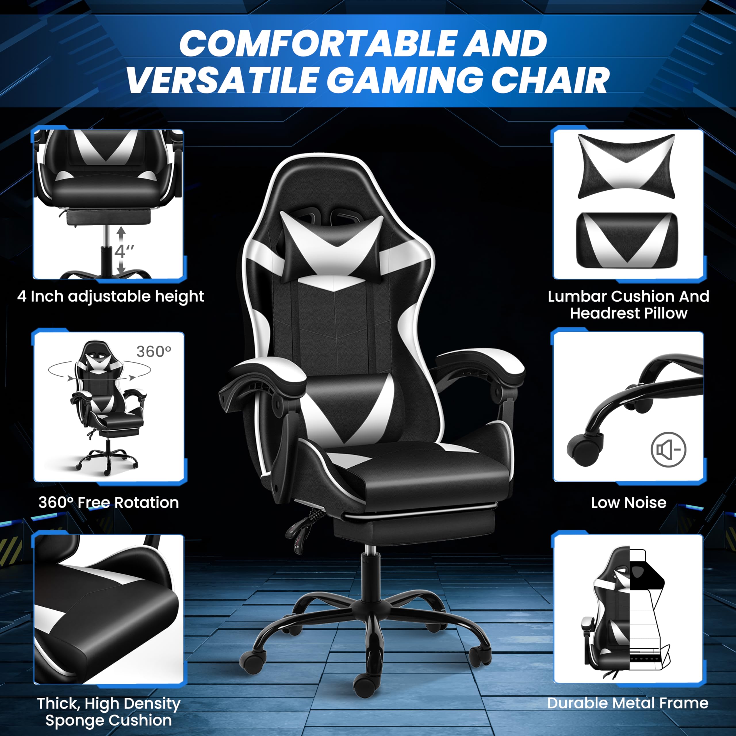**YSSOA Ergonomic Gaming Chair with Adjustable Footrest, Height & 90°-135° Recline - Racing Style Computer Chair for Office & Home, Lumbar Support, Swivel Base (Black/White) - Perfect for Long Gaming Sessions & Work from Home**