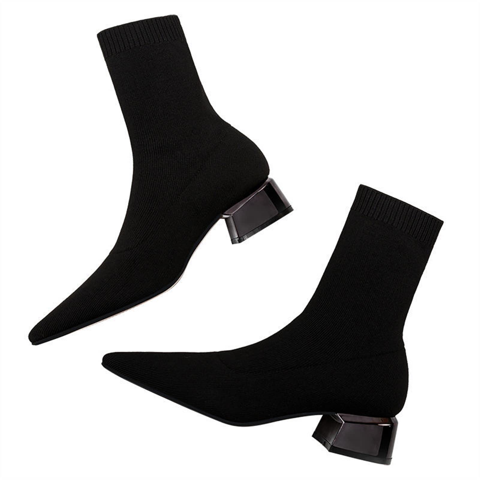 Women's Fashion Thin Boots - High Heel Pointed Toe Mid Calf Boots for Autumn & Spring | Knit Socks with Thick Heel | Black Size 6 | Perfect for Office Wear, Date Nights & Fall Fashion Outfits