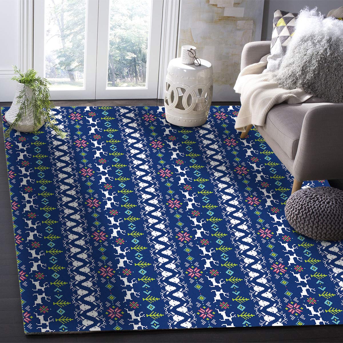 Non-Slip Fluffy Area Rug 5' x 8' - Soft Indoor Carpet with Deer Snowflake Pattern for Bedroom, Living Room & Nursery | Blue Striped Design for Cozy Home Decor