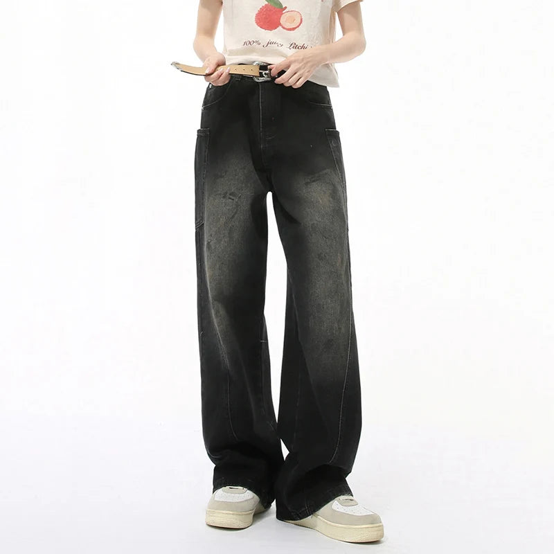 Trendy American Style Men's Denim Jeans - Casual Distressed Straight Wide Leg Loose Fit Pants with Spliced Deconstructed Details | Perfect for Streetwear, Everyday Wear & Fashion Outfits