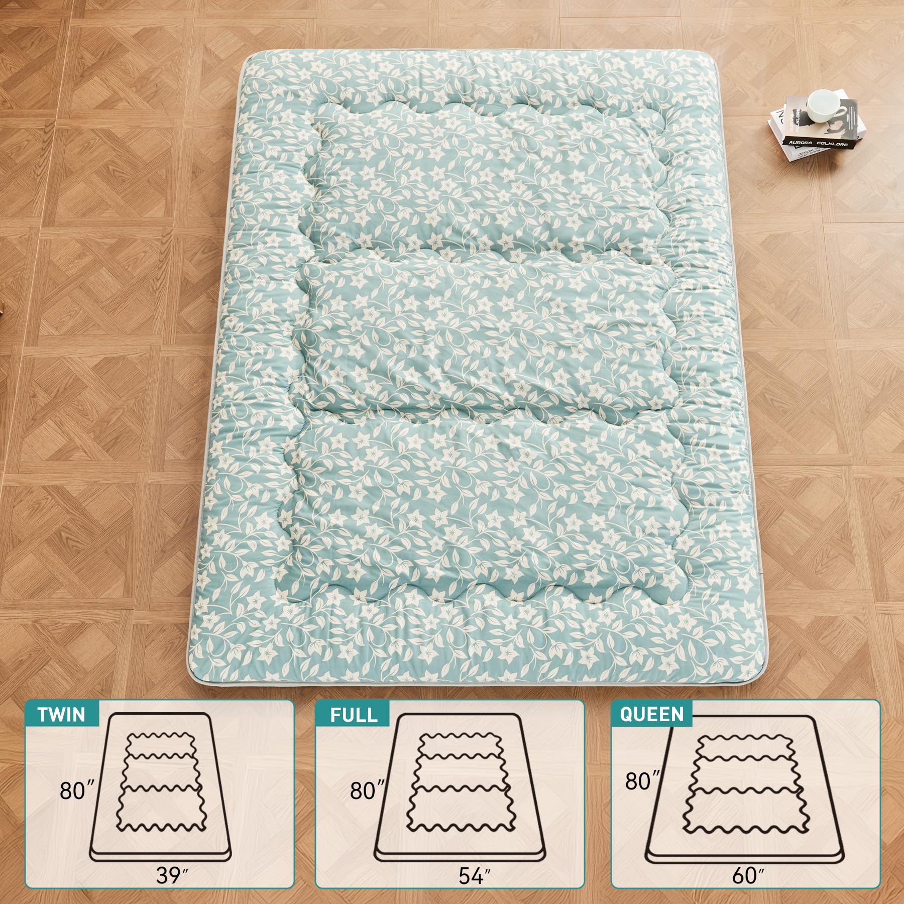 Japanese Floor Futon Mattress - Extra Thick Foldable Roll-Up Bed Topper Mat for Guest, Lounger & Travel | Perfect for Small Spaces, Camping & Home Decor