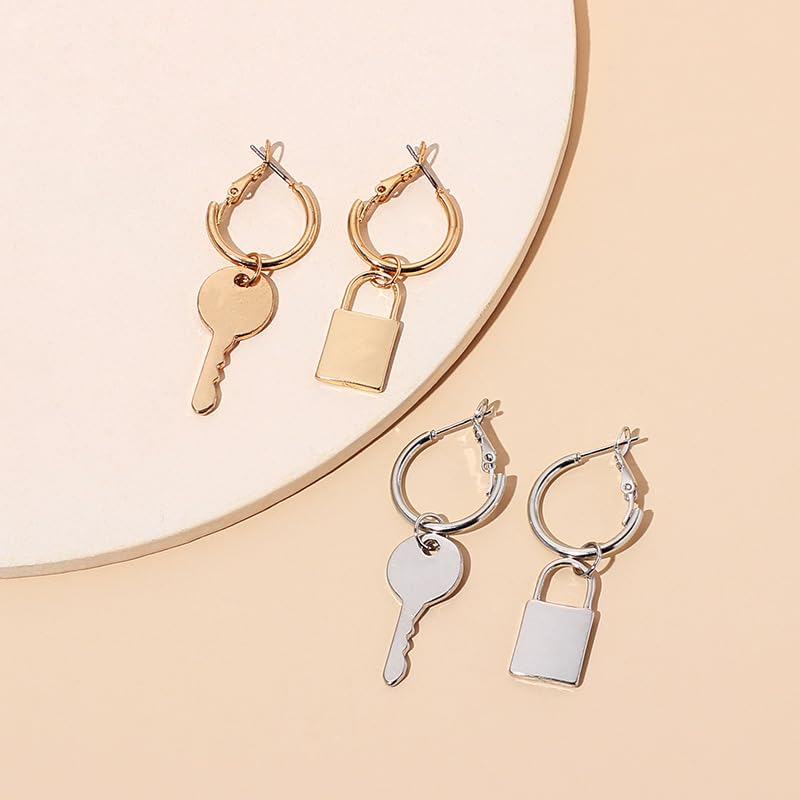 Unique Silver Plated Asymmetric Padlock & Key Dangle Hoop Earrings for Women - Geometric Punk Edgy Aesthetic Jewelry - Perfect for Parties, Concerts and Everyday Fashion Statement