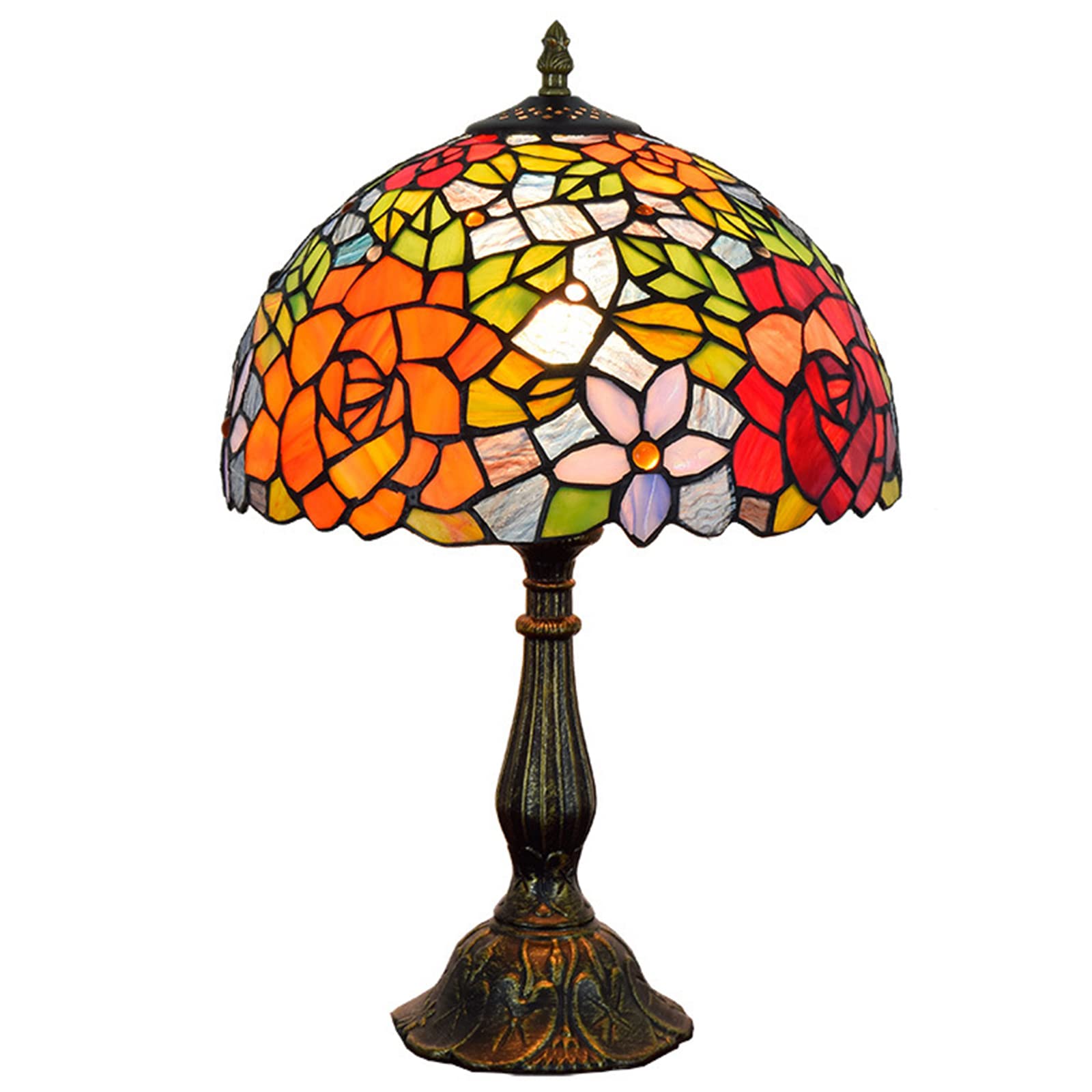 Vintage Stained Glass Table Lamp - 12 Inch European Retro Desk Light with Rose Design, Perfect for Bedroom, Living Room, Coffee Bar & Home Office Decor