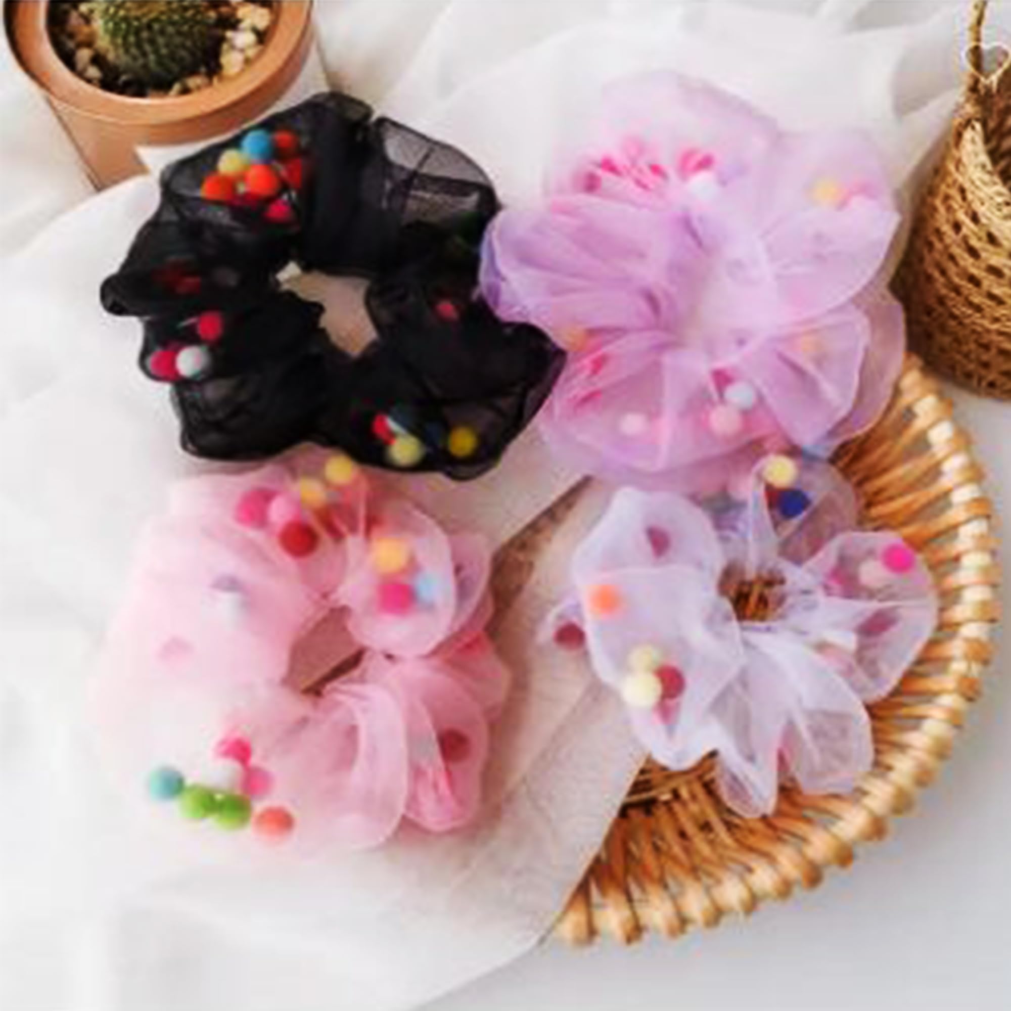 Honbon Soft, Light & Non-Slip Chiffon Scrunchies with Mesh Pom Pom Balls - 12 Pack Colorful Hair Ties for Women & Girls (Thin/Thick Hair) - Perfect for School, Work, Parties & Everyday Styling