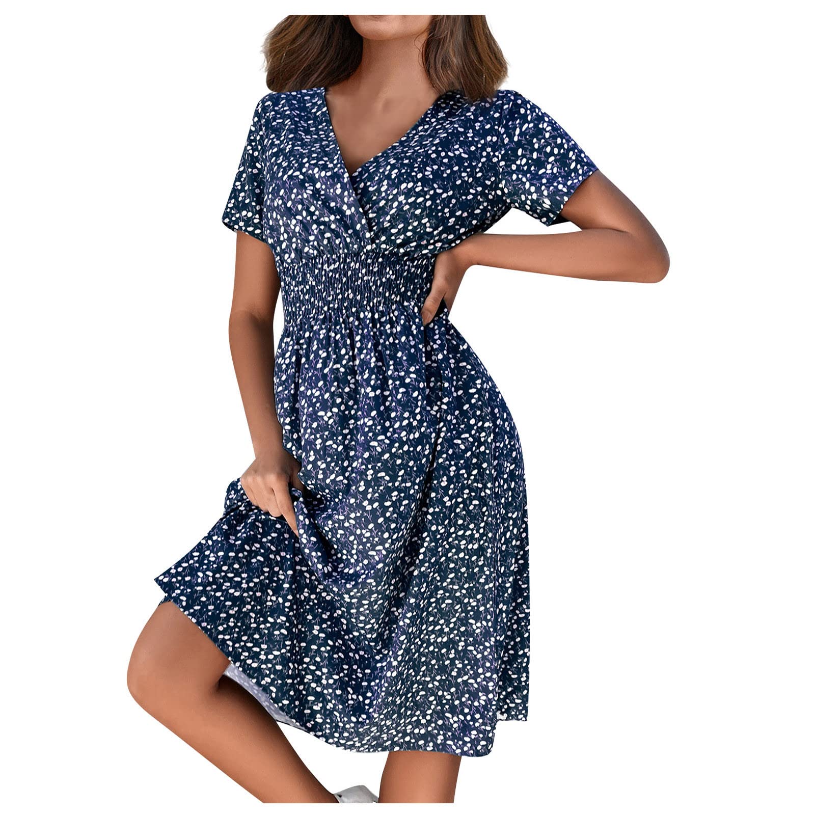 Women's Casual V-Neck Printed Midi Dress with Elastic Waist - Summer Vacation Outfits, Beach Cover Up & Date Night Dresses