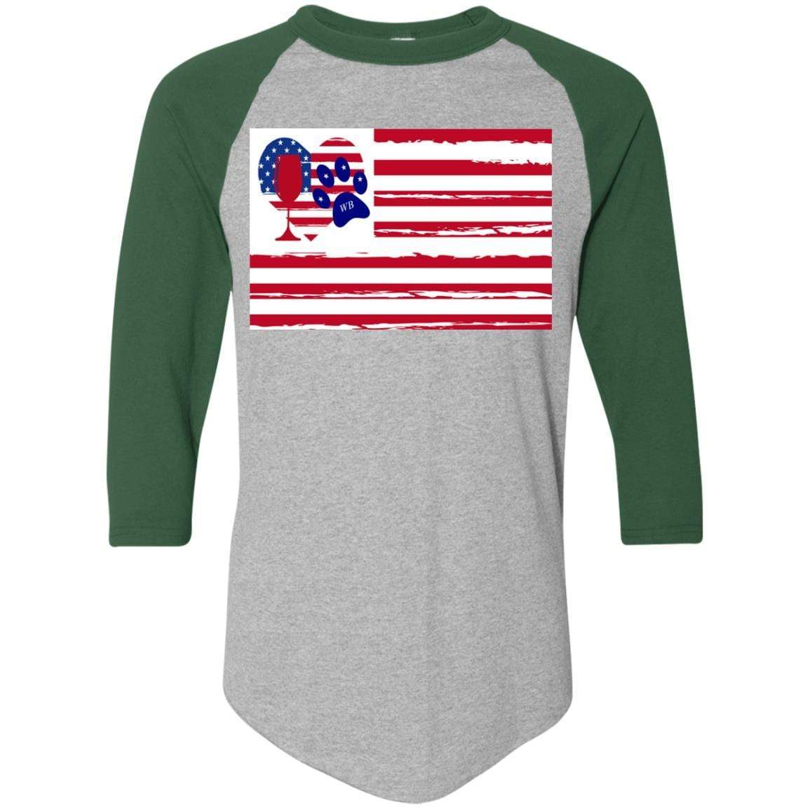 American Flag Wine Paw Heart Colorblock Raglan Jersey - Patriotic Comfort Wear for Casual Outings & Wine Tasting Events