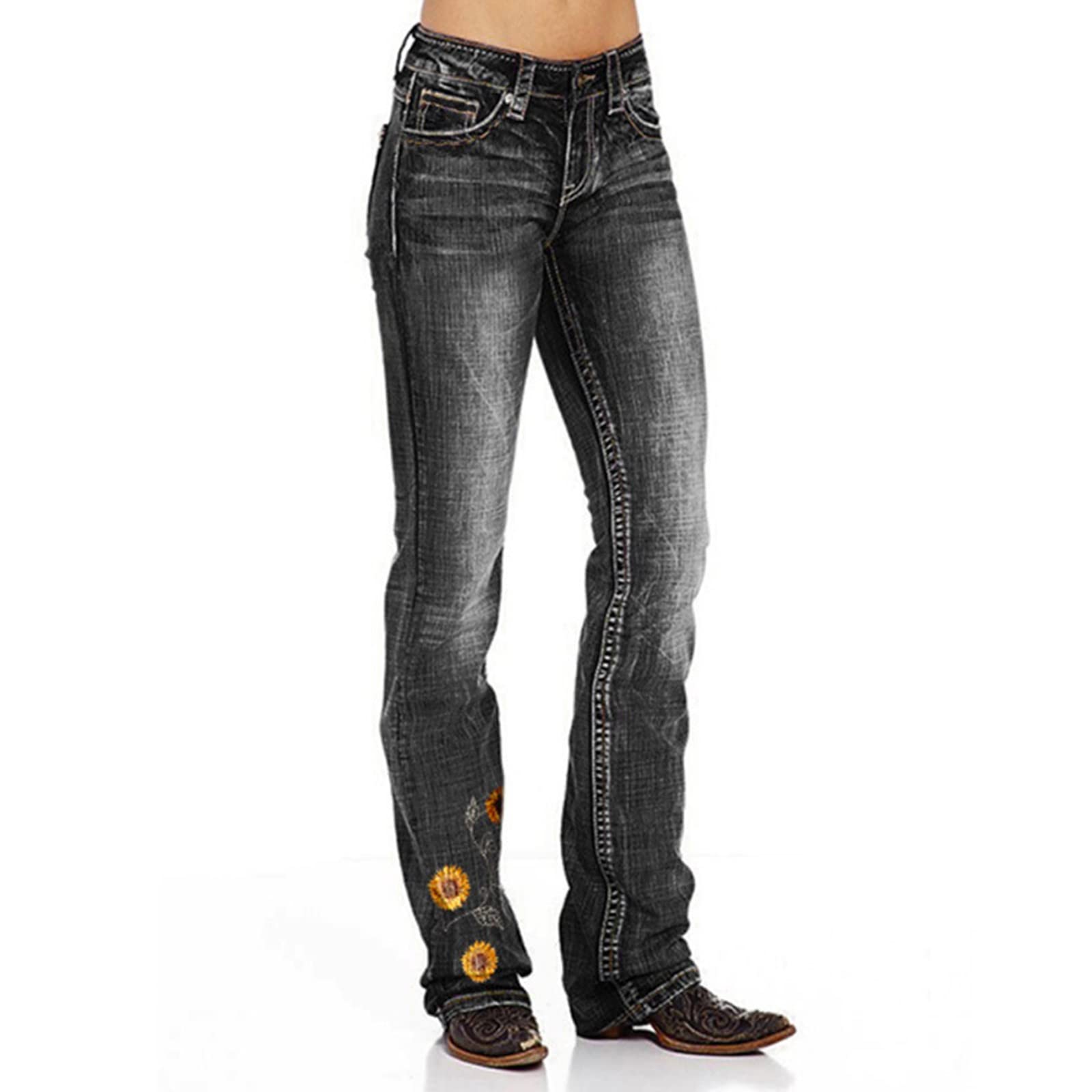 Trendy Black Leggings for Women with Sunflower Print & Denim Pockets - Stretchy High Waist Yoga Pants with Zipper Detail & Fringe Design | Perfect for Casual Wear, Workout & Street Fashion
