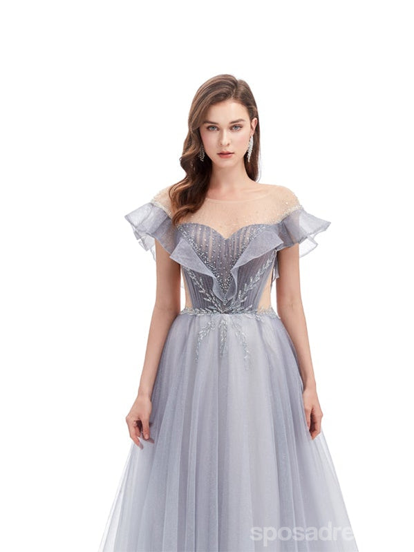 Elegant Grey A-Line Off-Shoulder Long Prom Dress with Short Sleeves - Perfect for Homecoming, Formal Dances & Special Occasions