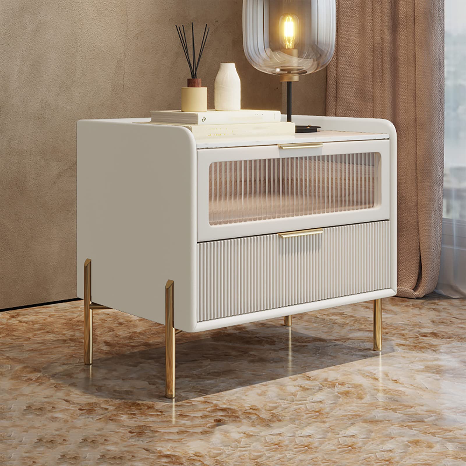Luxury White Wood Bedside Table with Double Drawers - Stainless Steel Feet Nightstand for Bedroom - Perfect for Small Spaces, Modern Bedrooms & Guest Rooms