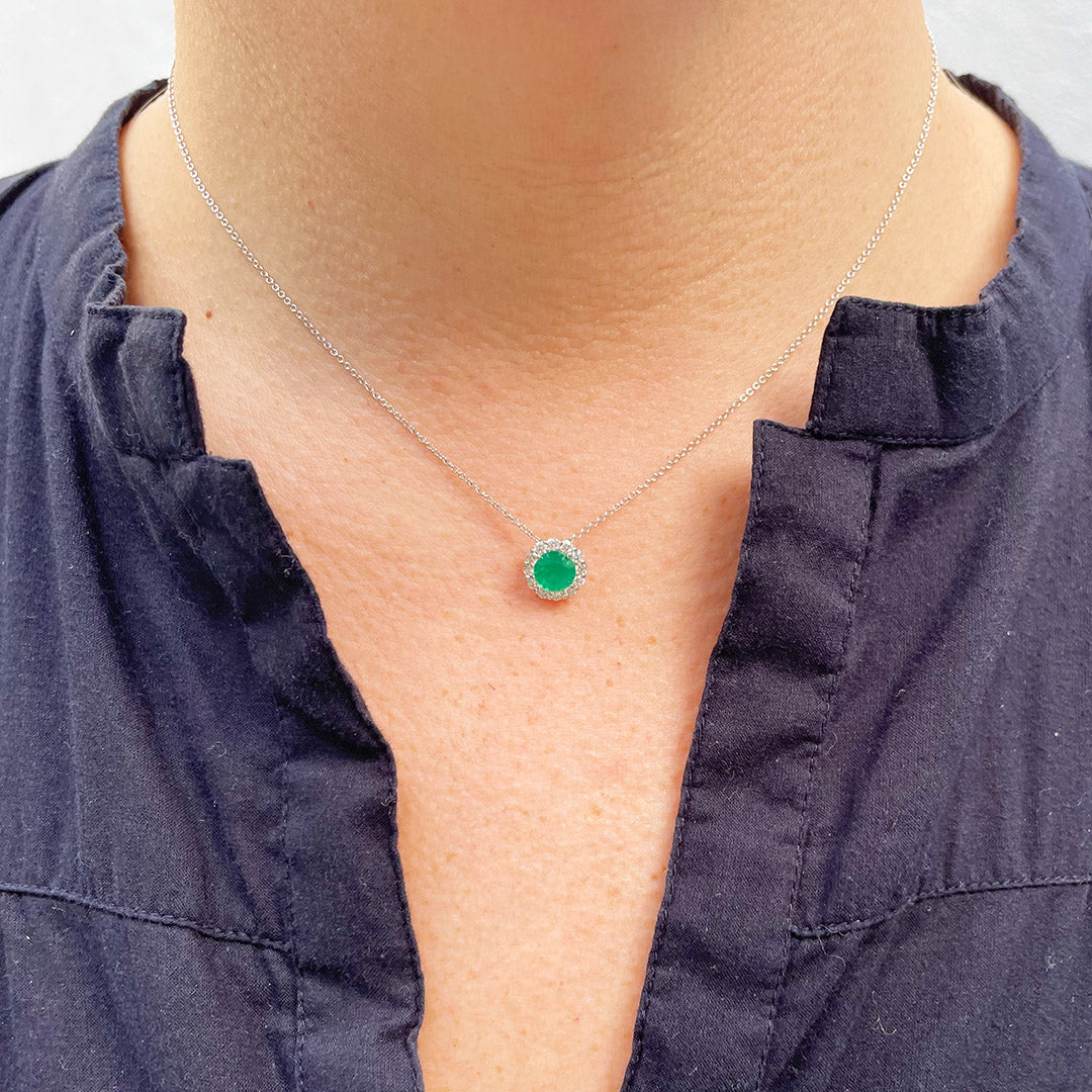 0.71ctw Round Emerald & Diamond Halo 18K White Gold Pendant Necklace for Women - Elegant Jewelry Gift for Anniversary, Birthday & Special Occasions