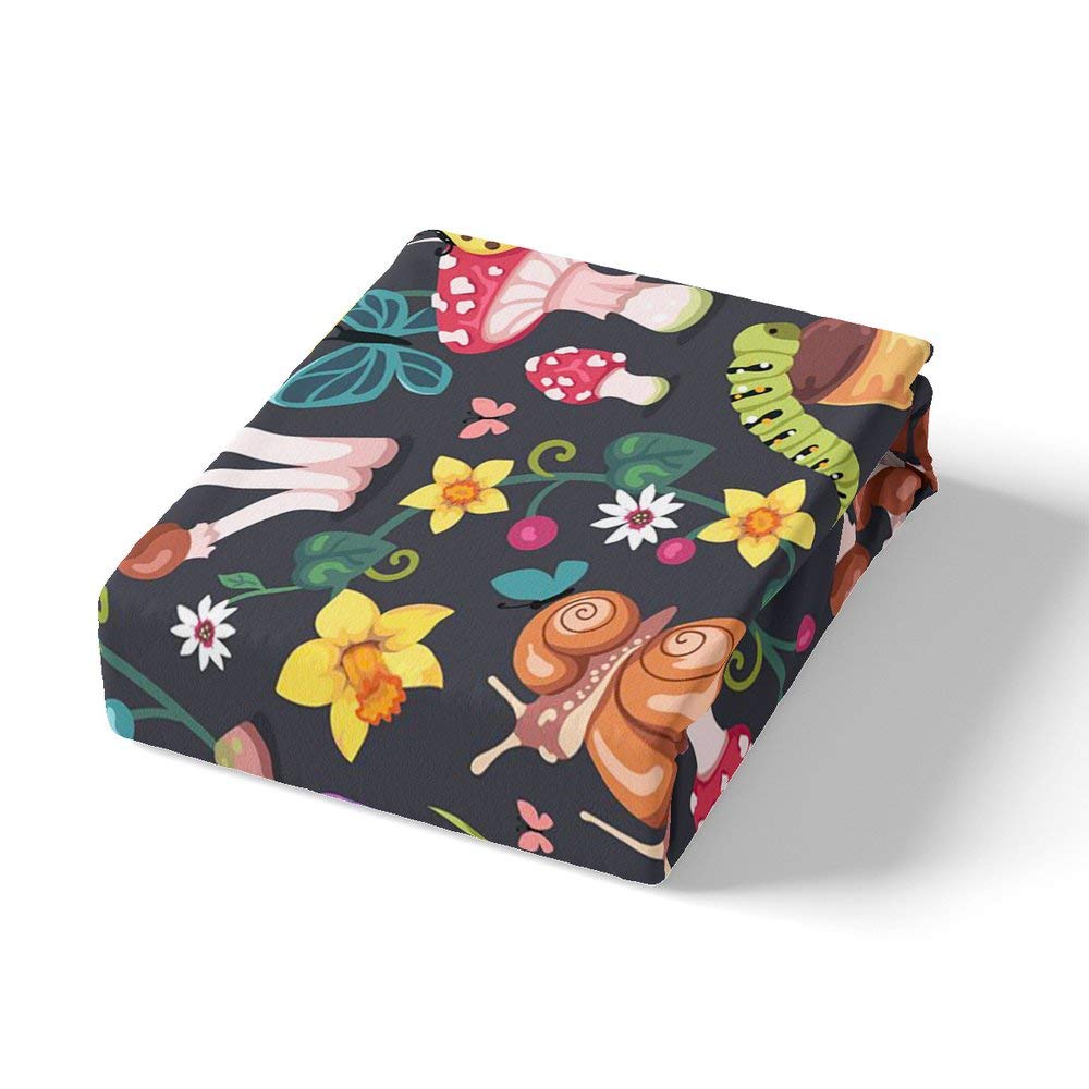 Premium Queen Size Mushroom Rose Flower Brown Bed Sheet Set - 3 Piece Animal Garden Theme Bedding with Snail Black Design for Kids & Children | Soft & Cozy Bedclothes for Nursery, Bedroom Decor