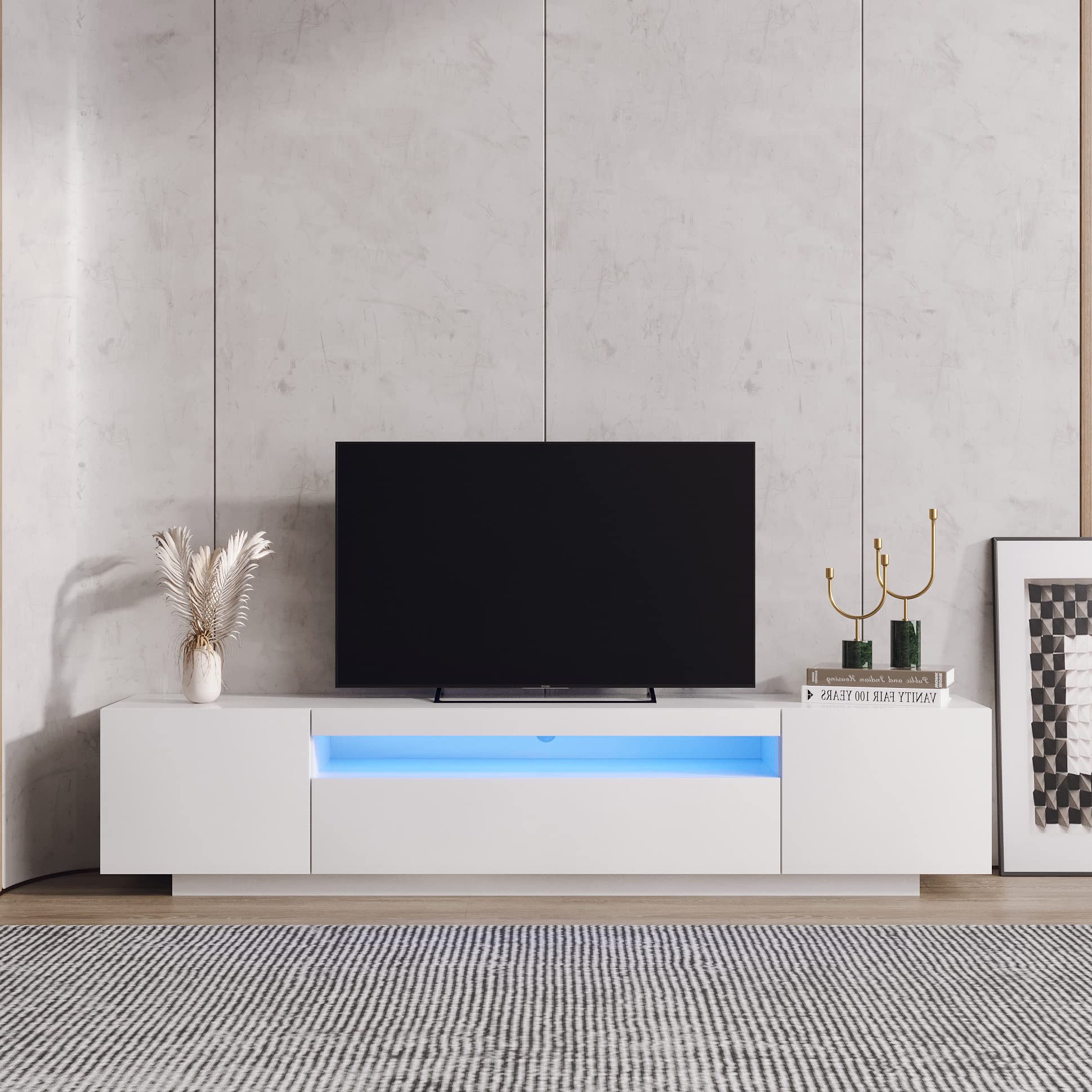 Ucloveria 79 Inch White Modern LED TV Stand with Lights & Storage Drawers - Entertainment Center Media Console for 45-80 Inch TVs (78.74