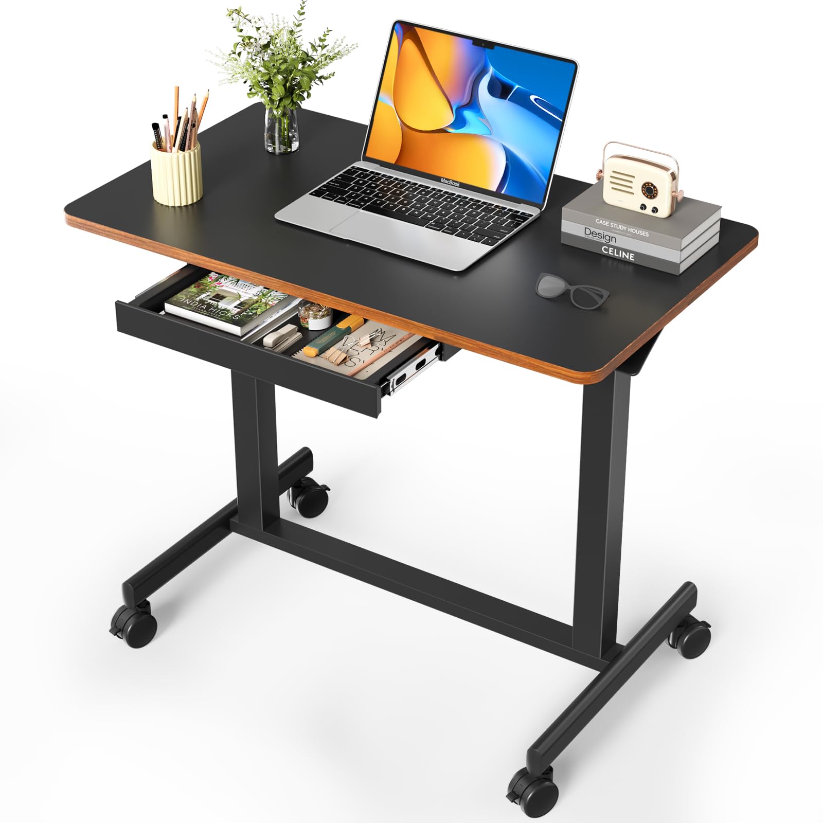 JOY Worker 35In Small Mobile Standing Desk with Drawer - Pneumatic Height Adjustable (Up to 33lbs Capacity) - Dual Handles & Columns - Black - Perfect for Home Office, Small Spaces & Remote Work