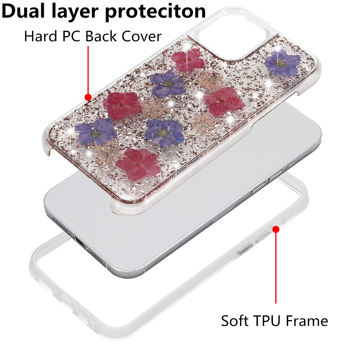 Luxury iPhone 12 Pro Max Case with Floral Glitter Design - 6.7