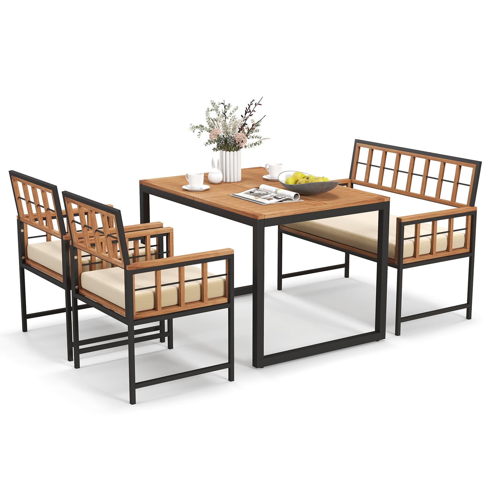 Tangkula 4-Piece Acacia Wood Patio Dining Set with 2 Chairs & 1 Loveseat - 47