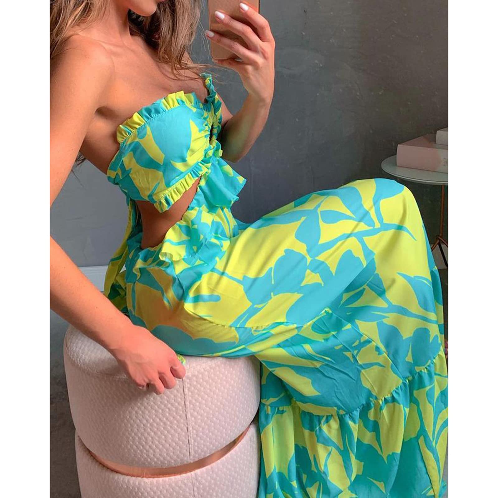 Ruffles Women's Maxi Dress - Summer Floral Print Strapless Backless Bandage Dress for Beach, Party & Vacation | Sexy Loose Fit Casual Dress for Women