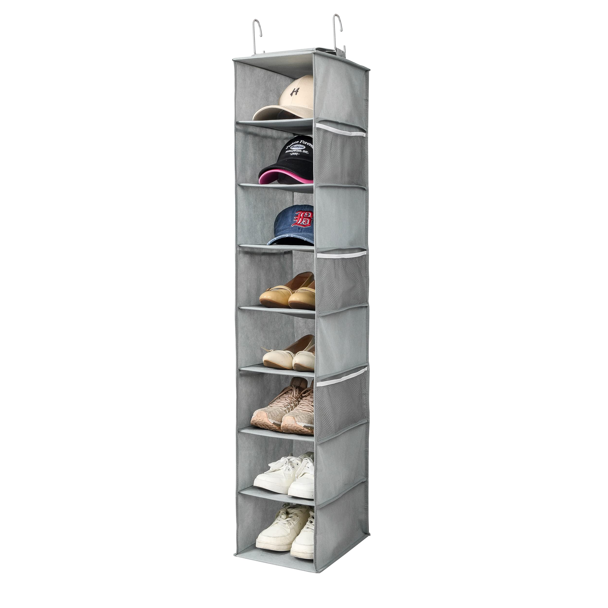 Hanging Shoe Organizer for Closet with Side Mesh Pockets - 8-Shelf Gray Shoe & Hat Storage Rack for Baseball Caps - Space-Saving Closet Organizer for Shoes, Hats & Accessories (1 Pack) - Perfect for Bedroom, Closet & Entryway Organization