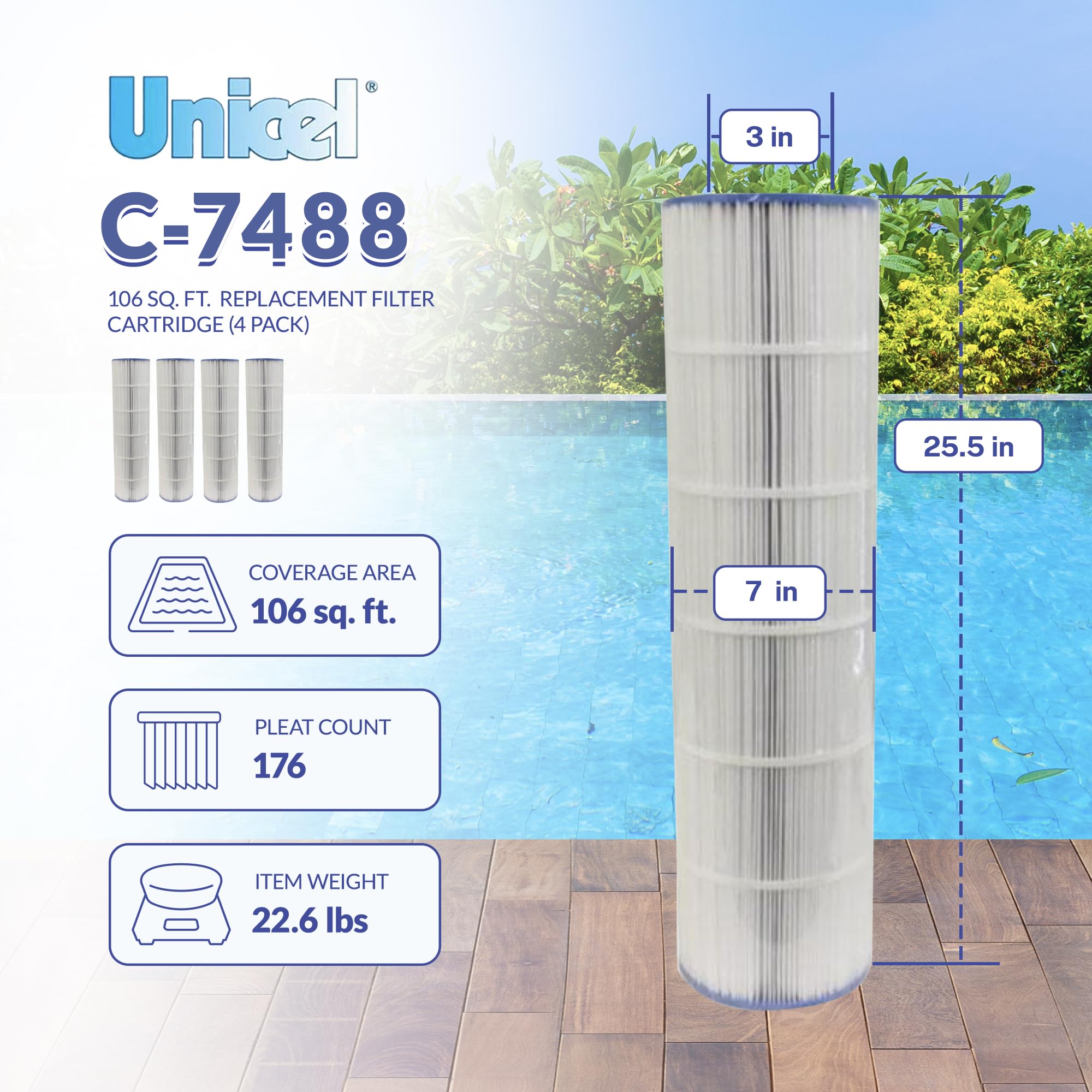 Unicel C-7488 106 Sq Ft Pool Filter Cartridge Replacement - 176 Pleats, Compatible with Hayward Pool Filters (4 Pack) - Perfect for Inground & Above Ground Swimming Pools, Spas, and Hot Tubs