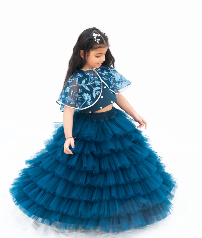 Pre Order: Stylish Teal Blue Crop Top & Skirt Set with Elegant Cape - Perfect for Cosplay, Halloween, and Fashion Events