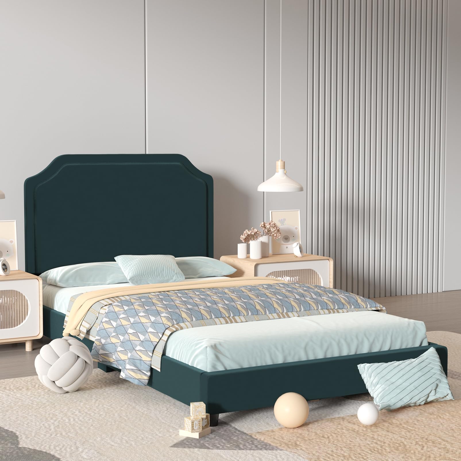Velvet Upholstered Twin Bed Frame for Kids - Adjustable Headboard, Wooden Structure, Green - Perfect for Nursery, Bedroom & Playroom Decor