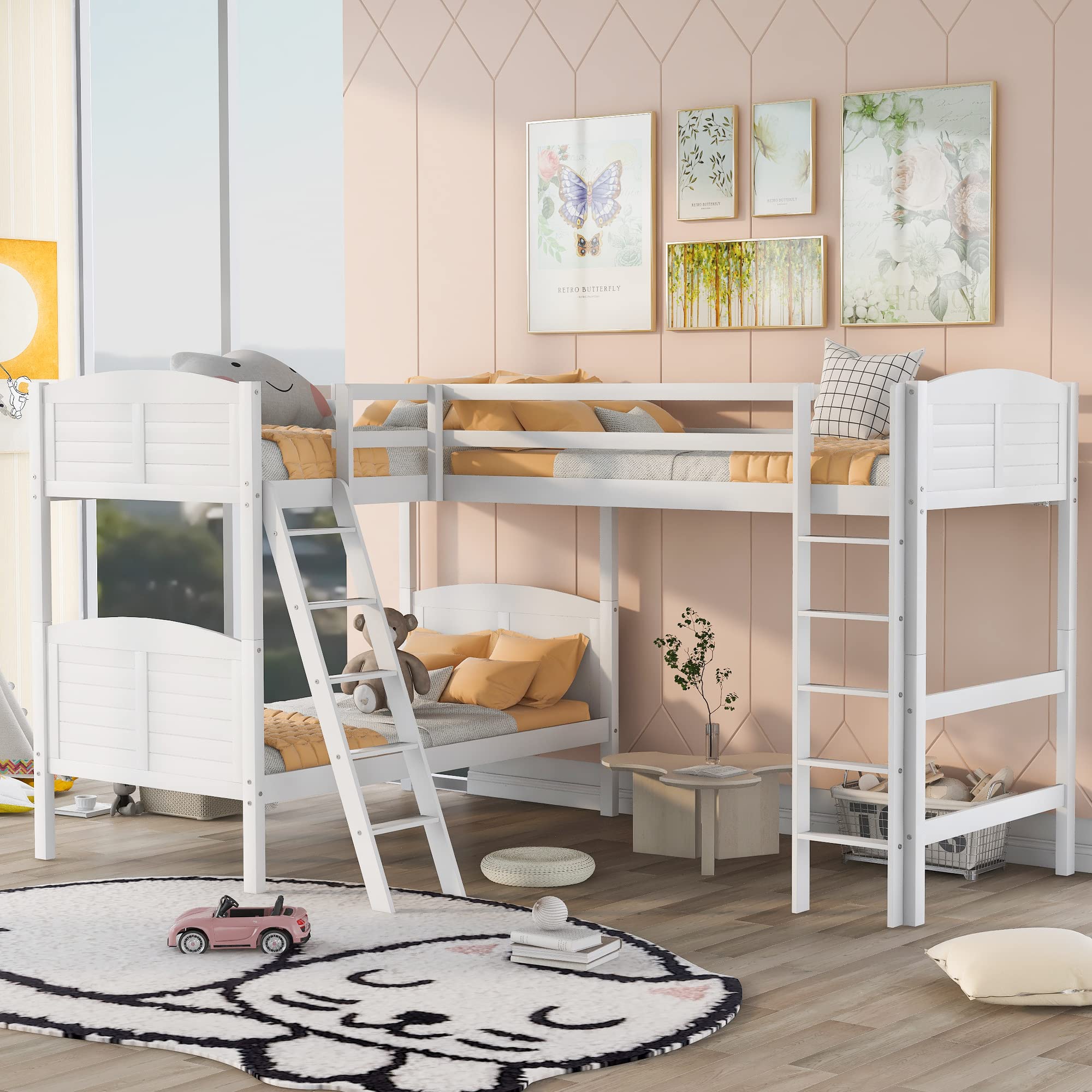 Space-Saving L-Shaped Twin Over Twin Bunk Beds with Twin Loft Bed - No Box Spring Needed, Includes Ladders & Safety Guardrails - Perfect for Kids' Bedrooms, Dorm Rooms & Small Spaces