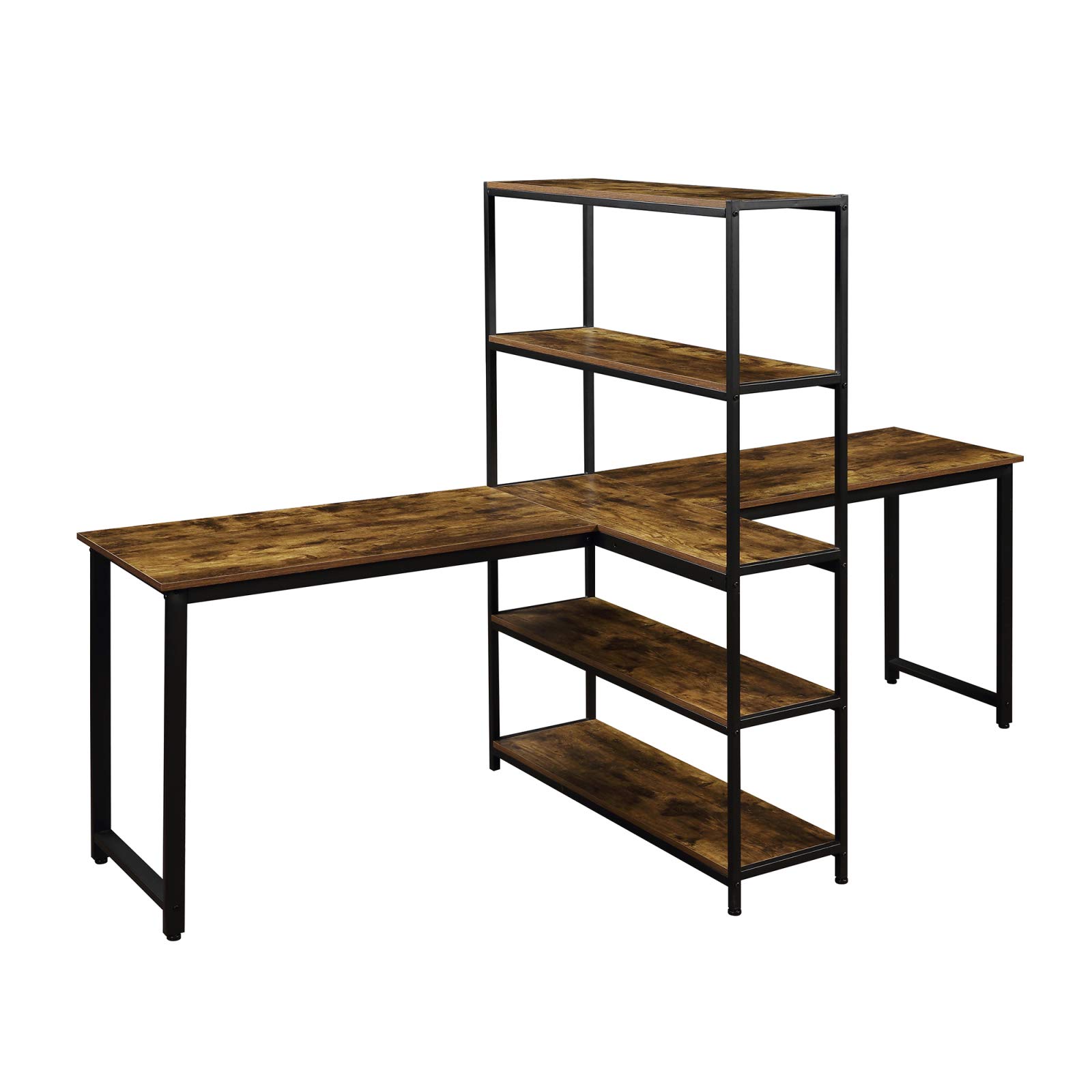 PovKeever 2-Person Home Office Computer Desk with Shelves - Extra Large Double Workstation Desk with Storage | Study Desk for Couples, Roommates & Shared Workspaces | Brown Wooden Office Furniture for Small Spaces